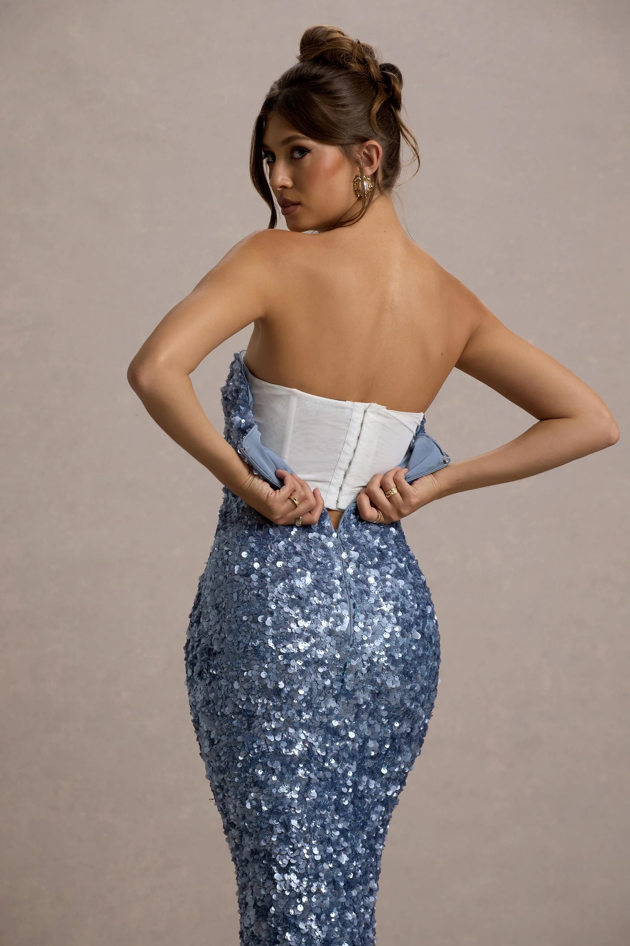 Powder Blue Sequin Strapless Maxi Dress