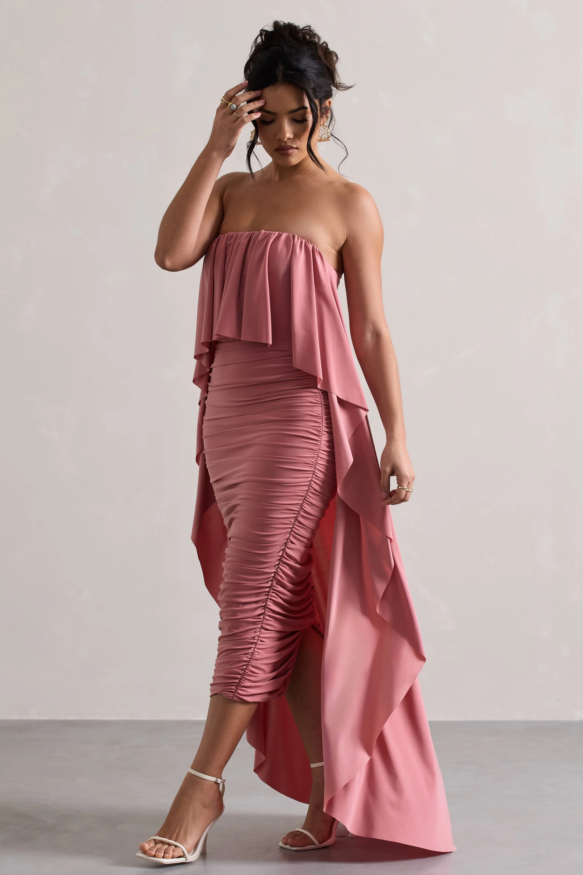 Blush Ruched Bandeau Midi Dress With Cape