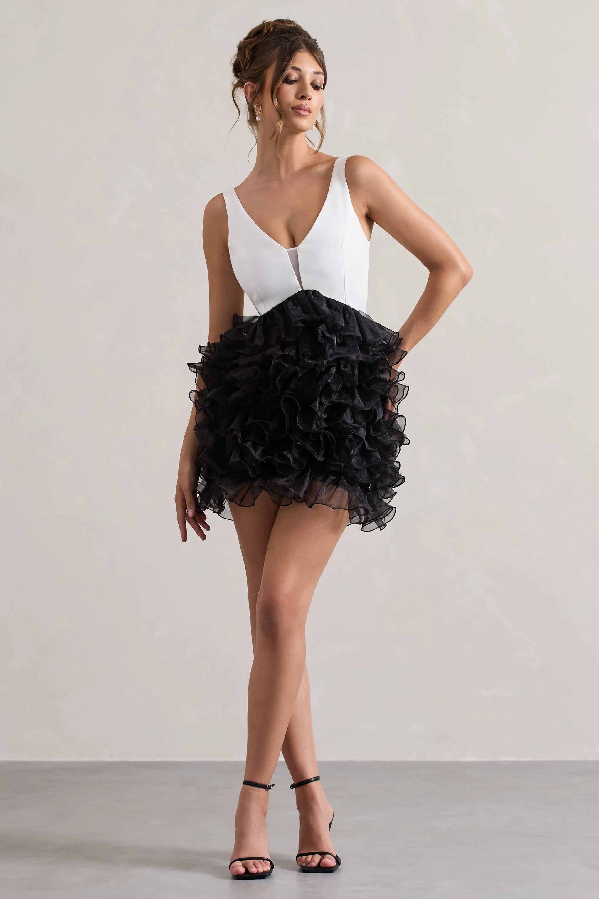 Black & White Plunge-Neck Mini Dress With Organza Skirt