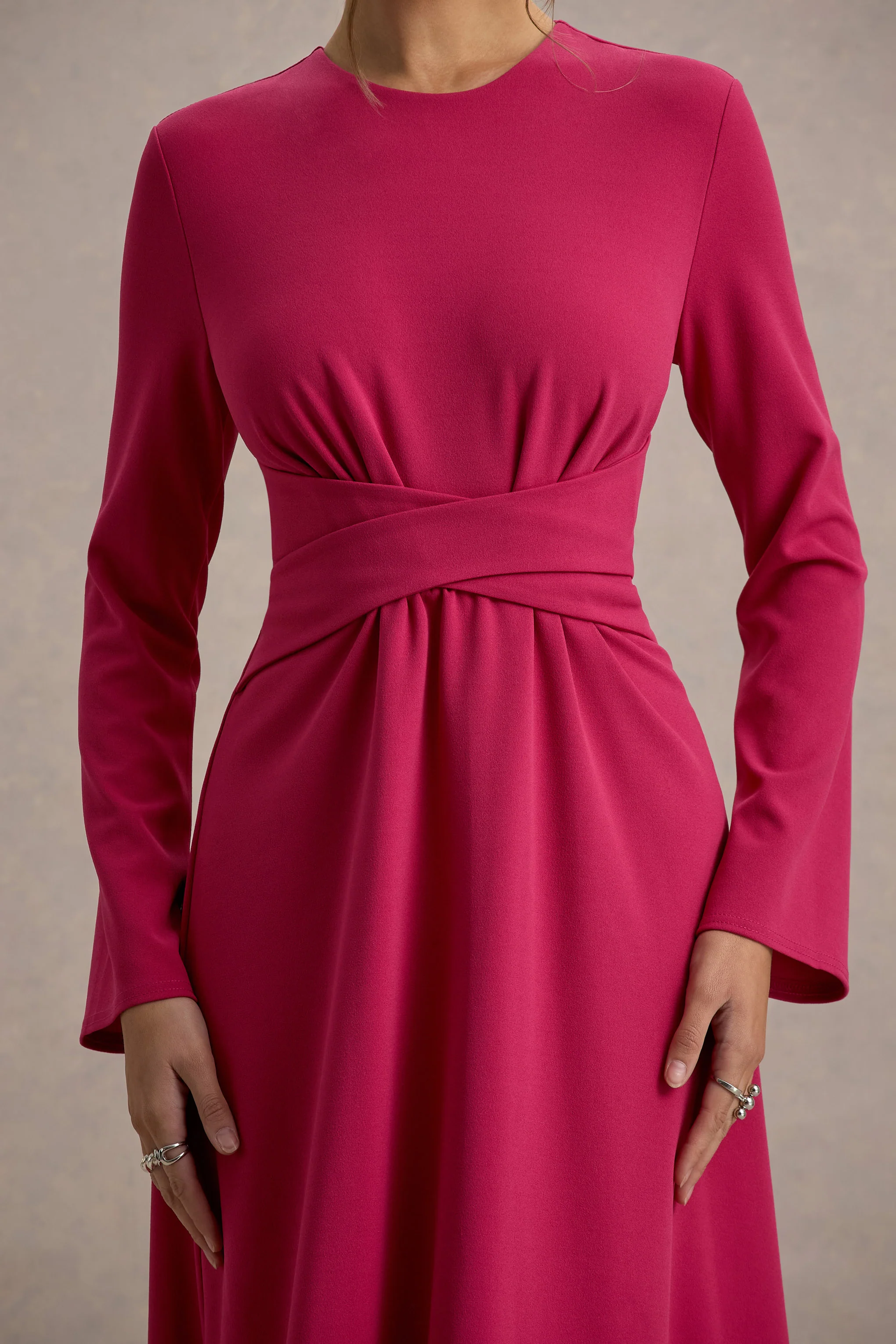 Lemon Long-Sleeve Midi Dress With Cross Waist