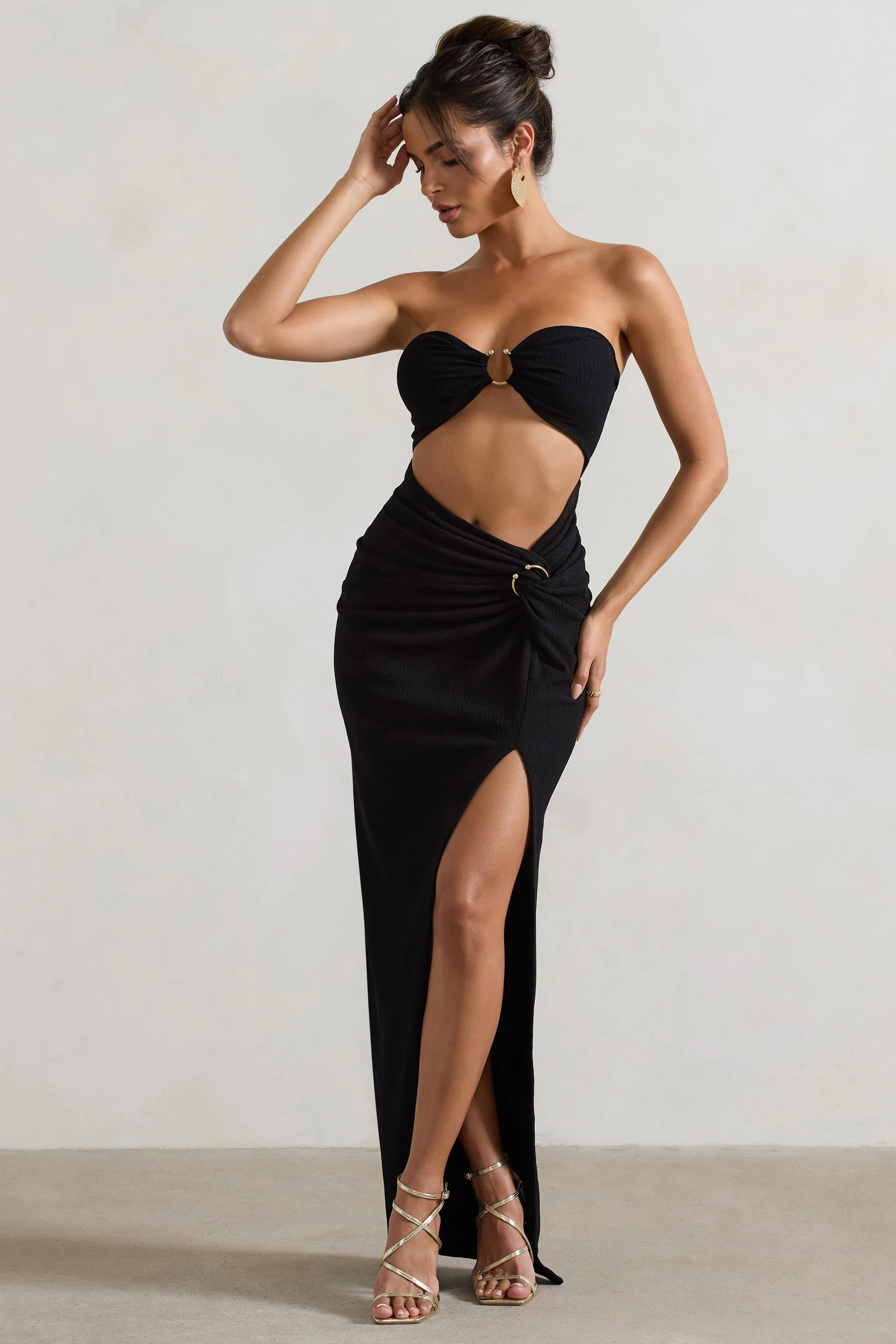 Black Crinkle Strapless Cut-Out Maxi Dress With Twist