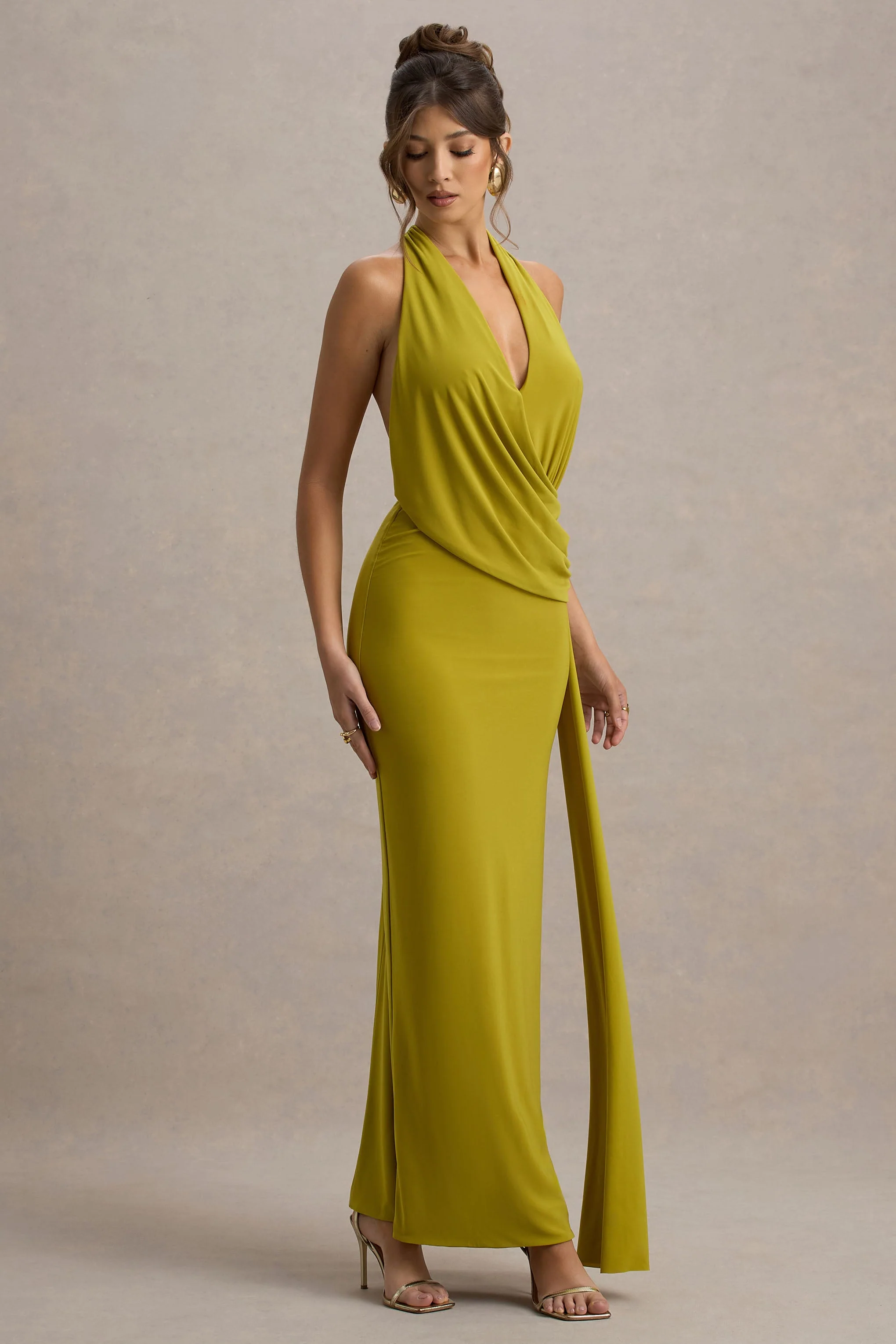 Green Halter-Neck Draped Maxi Dress With Sash
