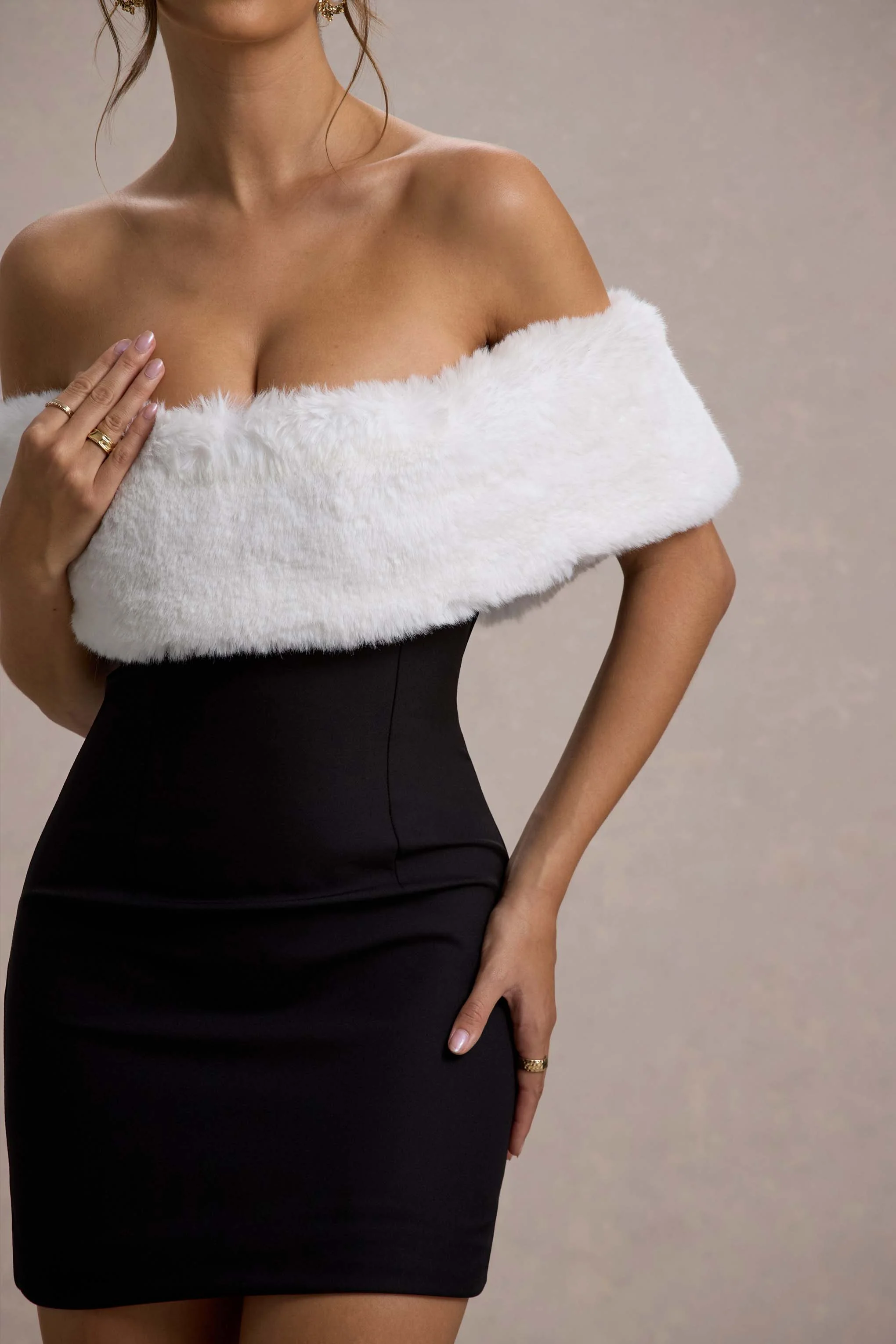 Black Bardot Mini Dress With White Fur Trim