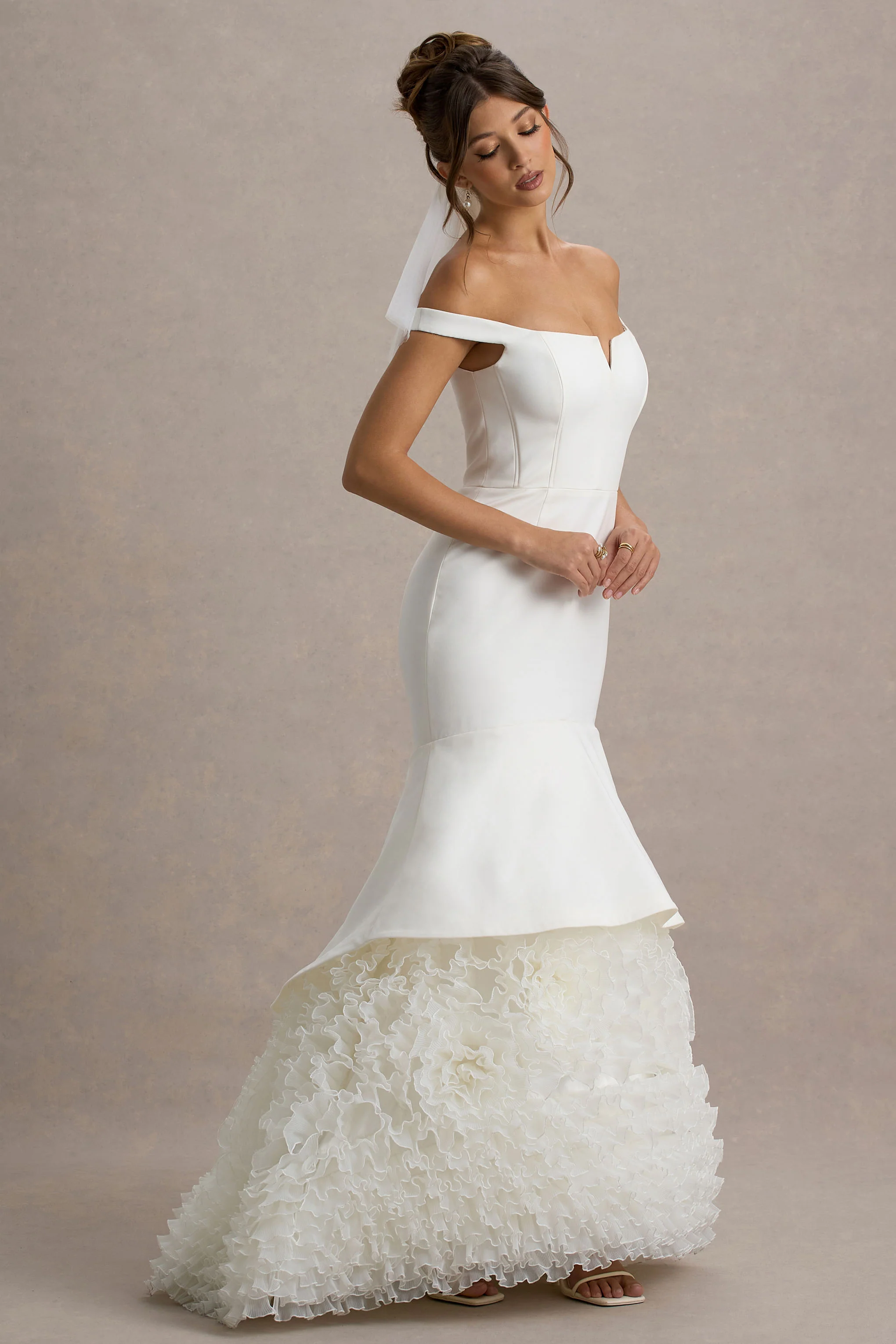 White & Cream Bardot Maxi Dress With Tulle Skirt