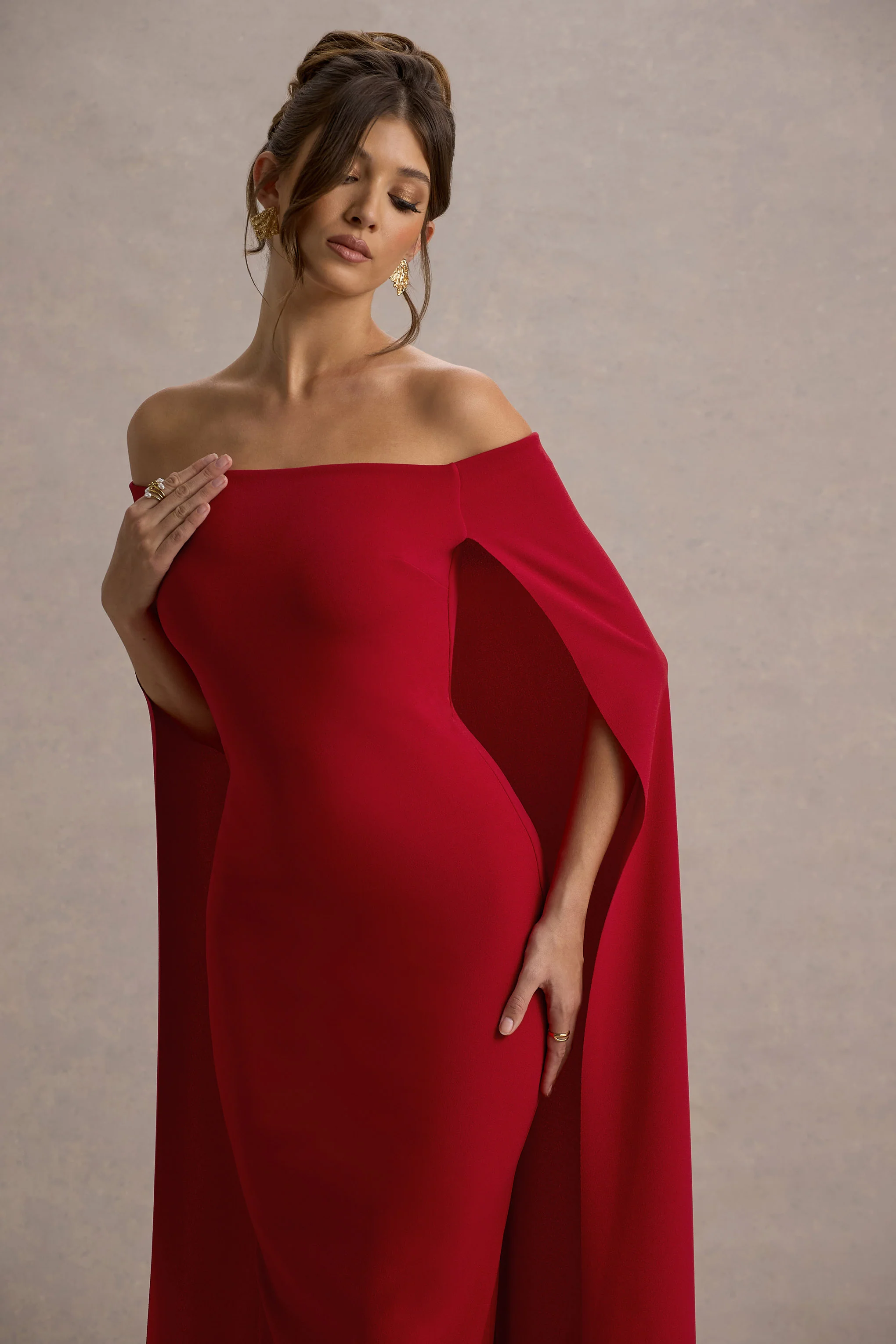 Red Bardot Cape Maxi Dress