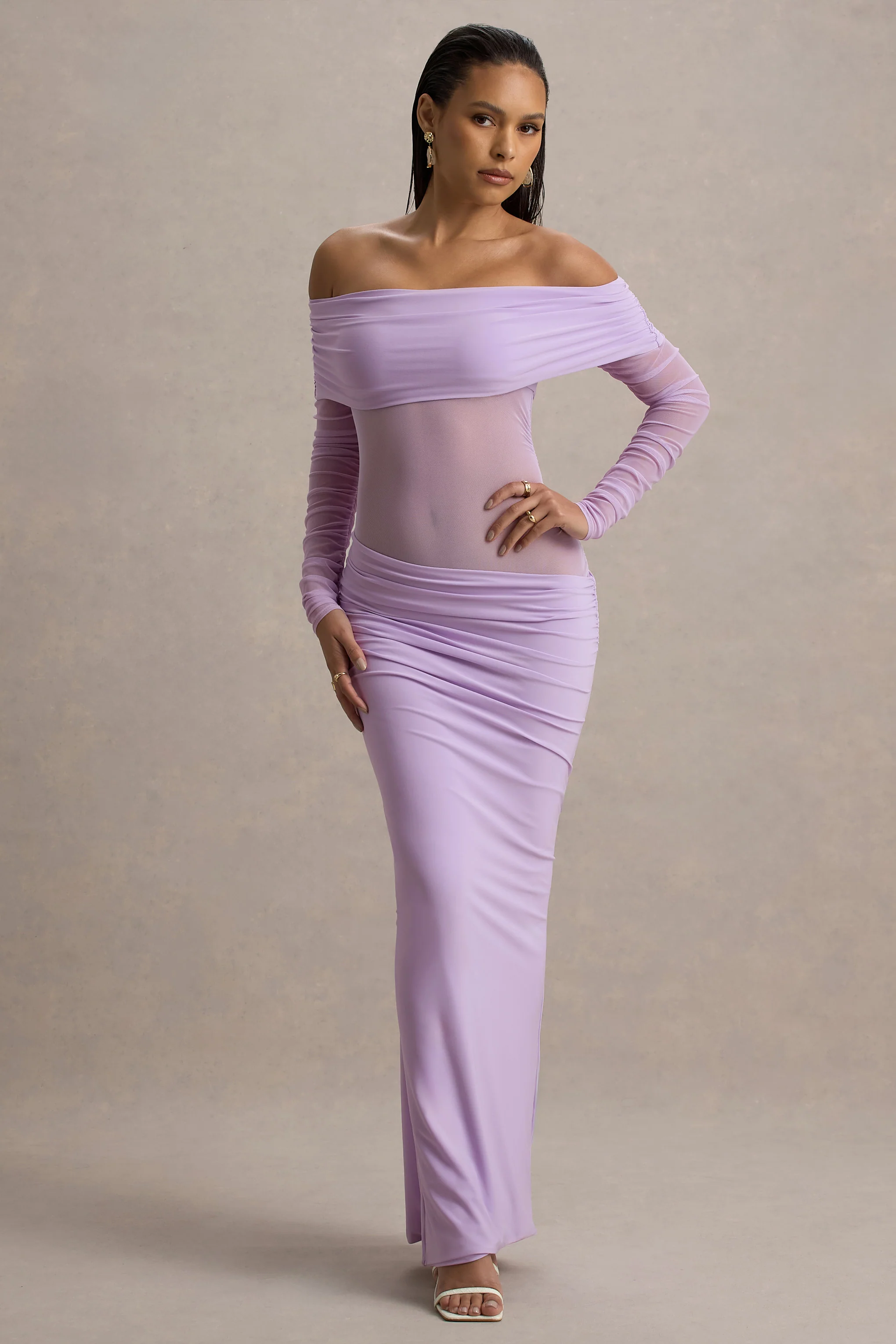 Lavender Semi-Sheer Bardot Gathered Maxi Dress