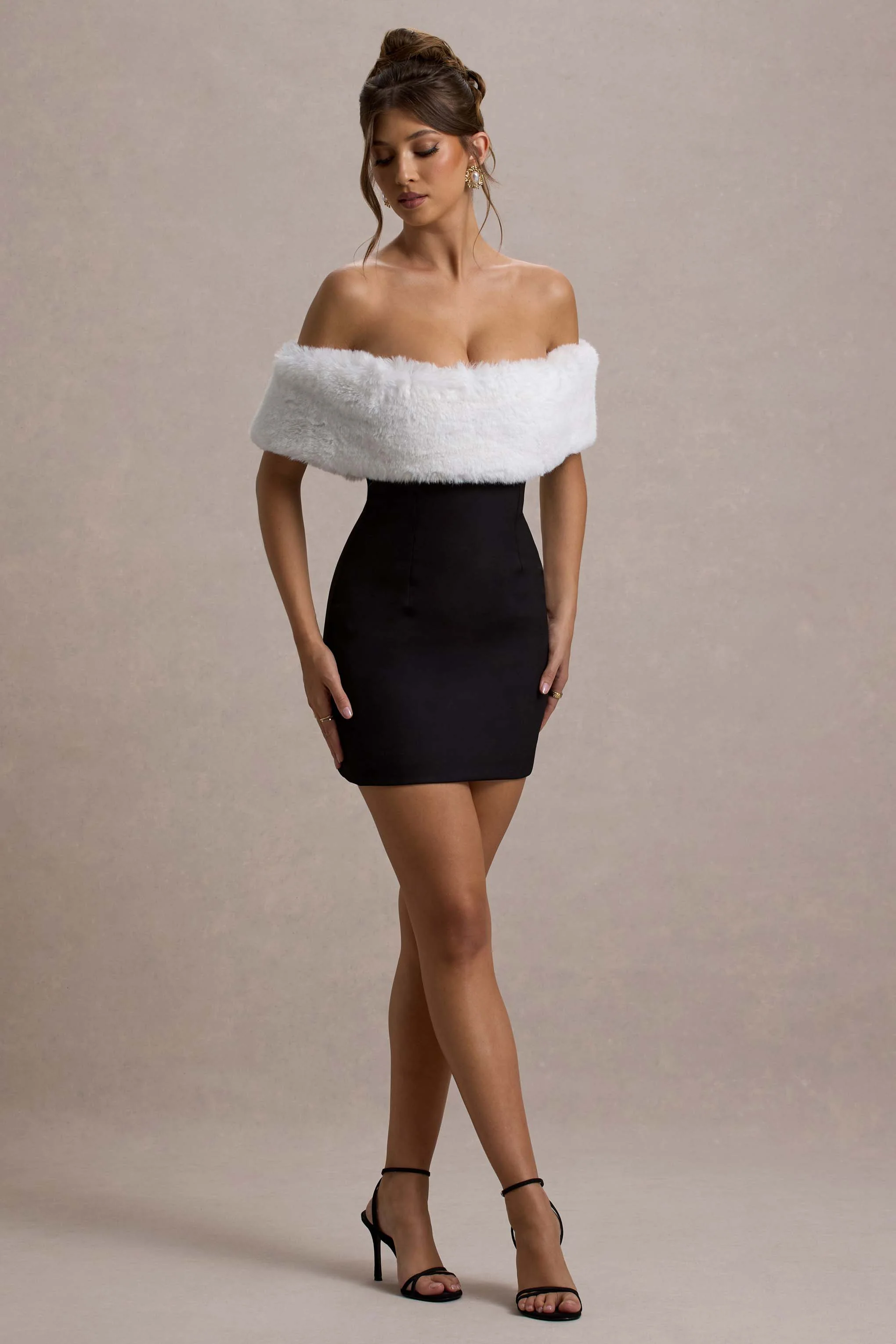 Black Bardot Mini Dress With White Fur Trim