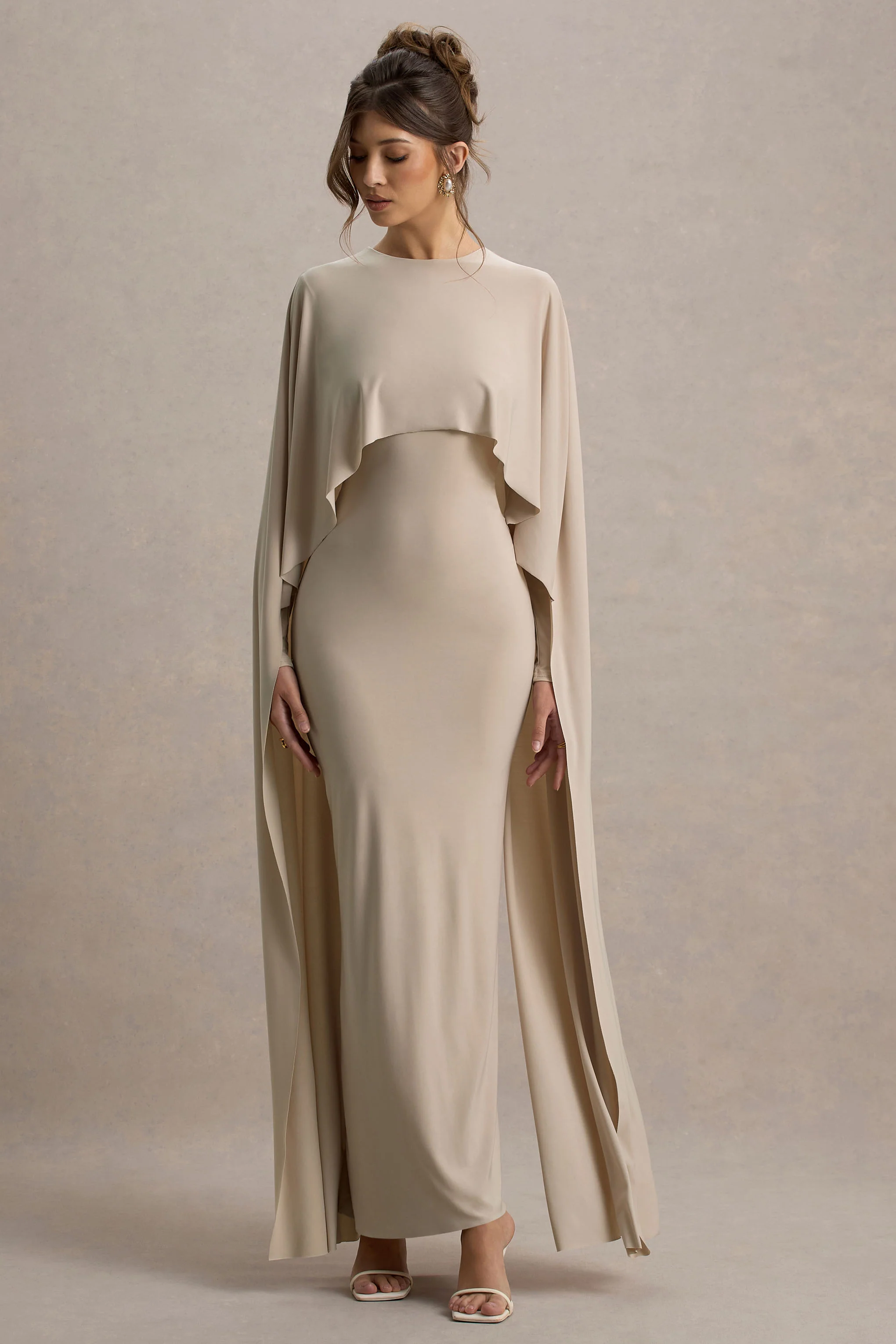 Champagne Draped Maxi Dress With Cape Sleeves