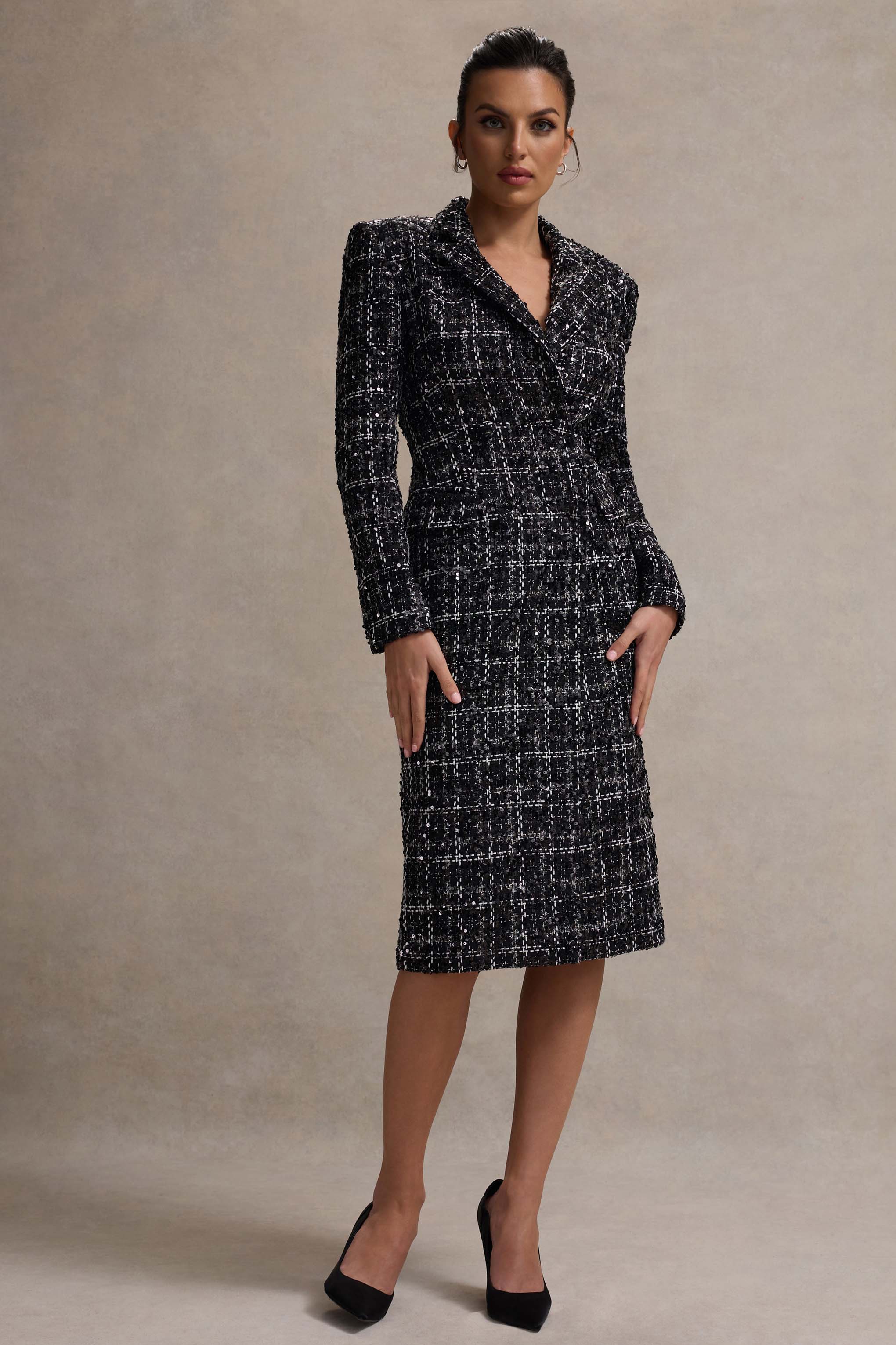 Black Boucle Tailored Blazer Midi Dress