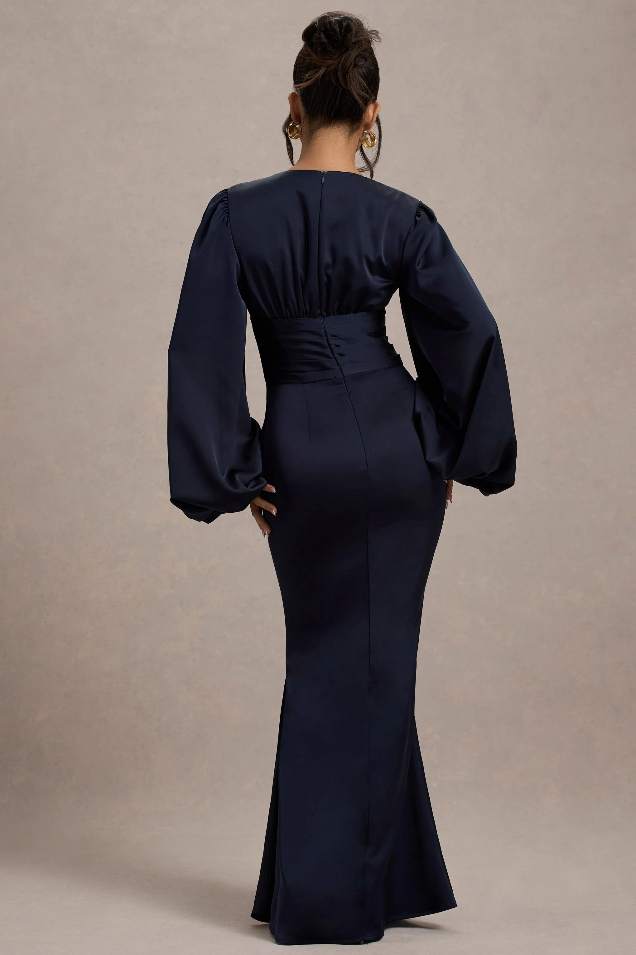 Navy Satin V-Neck Balloon Sleeve Maxi Dress