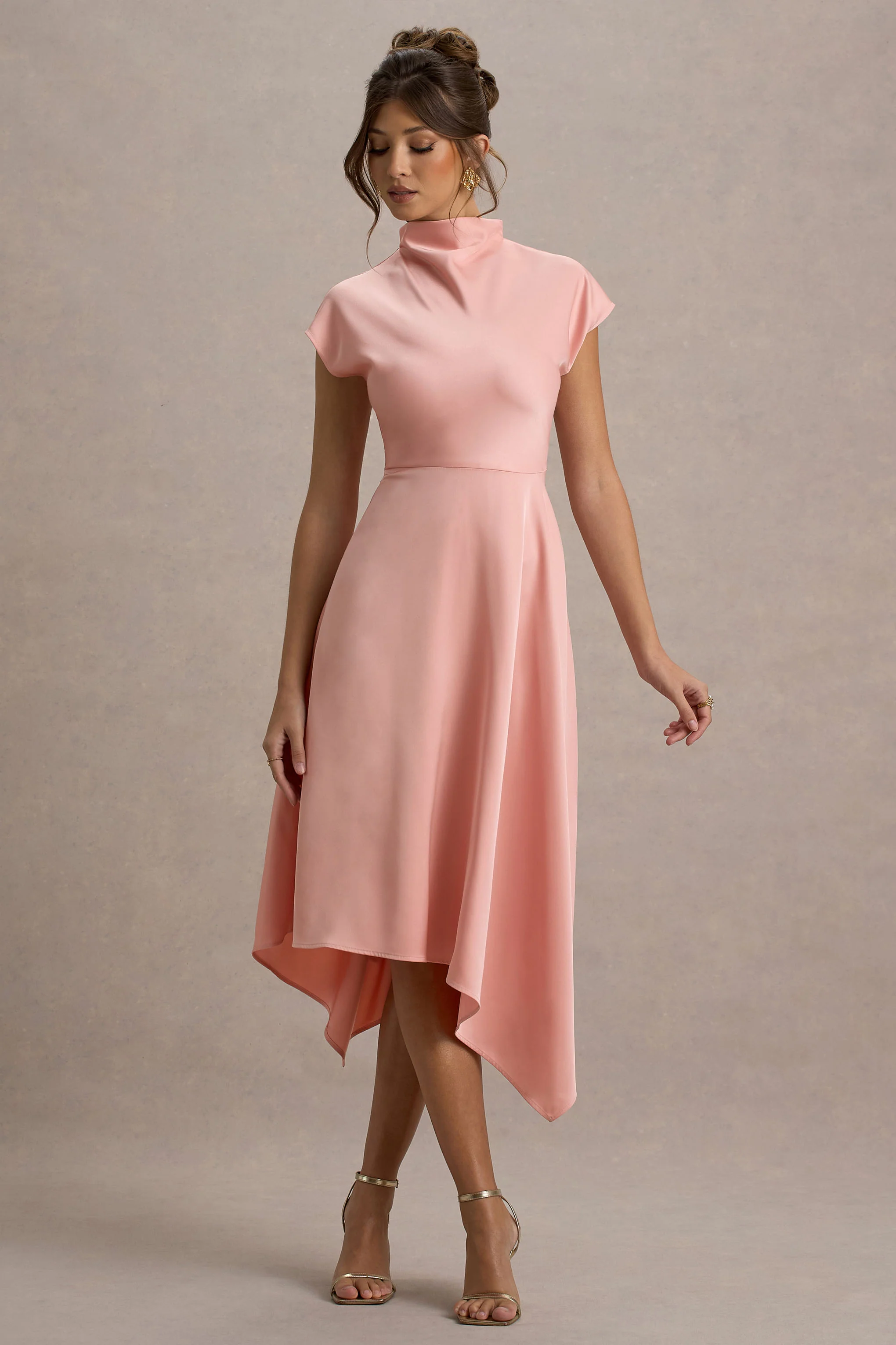 Light Pink Satin Midi Dress With Draped Hem