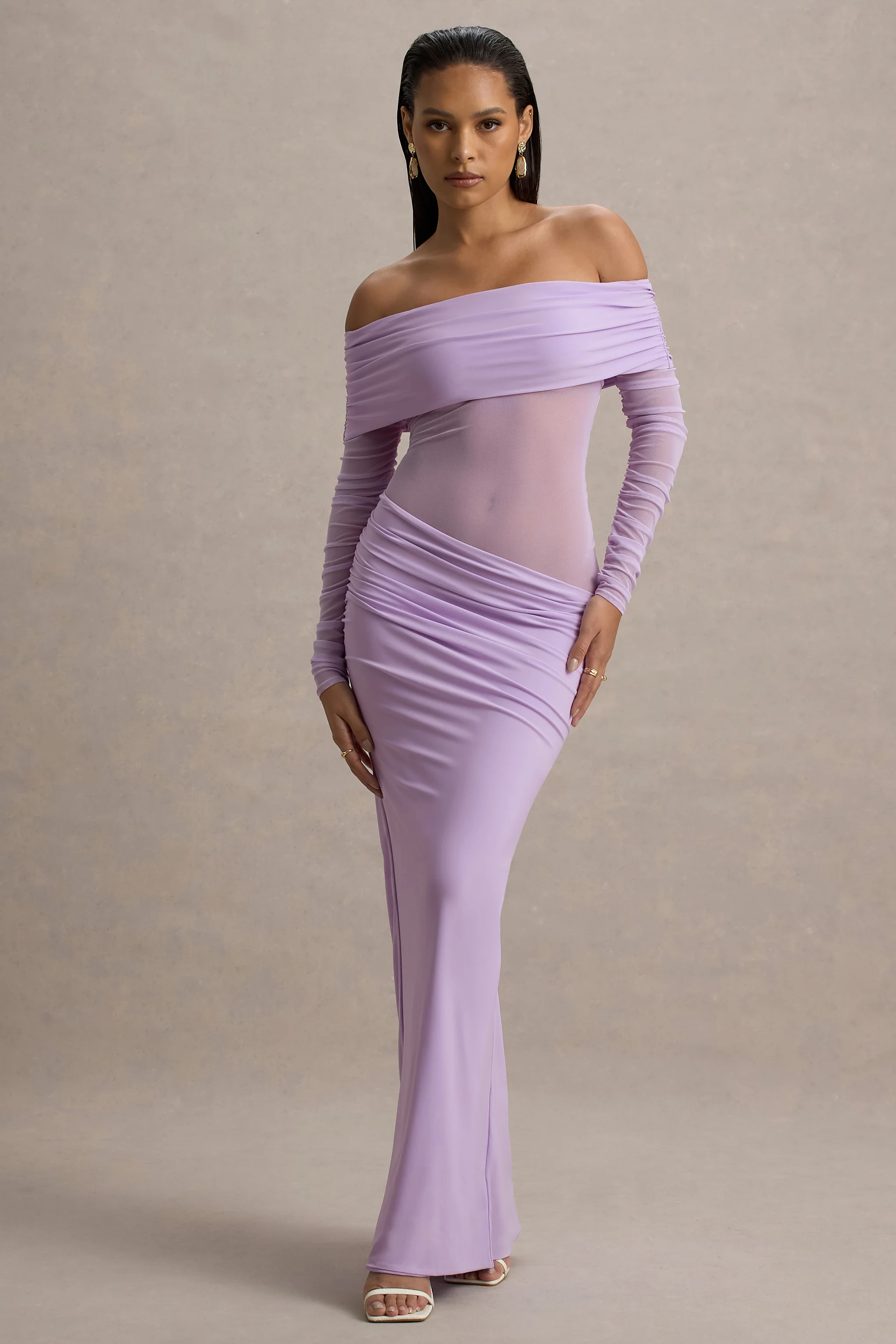 Lavender Semi-Sheer Bardot Gathered Maxi Dress