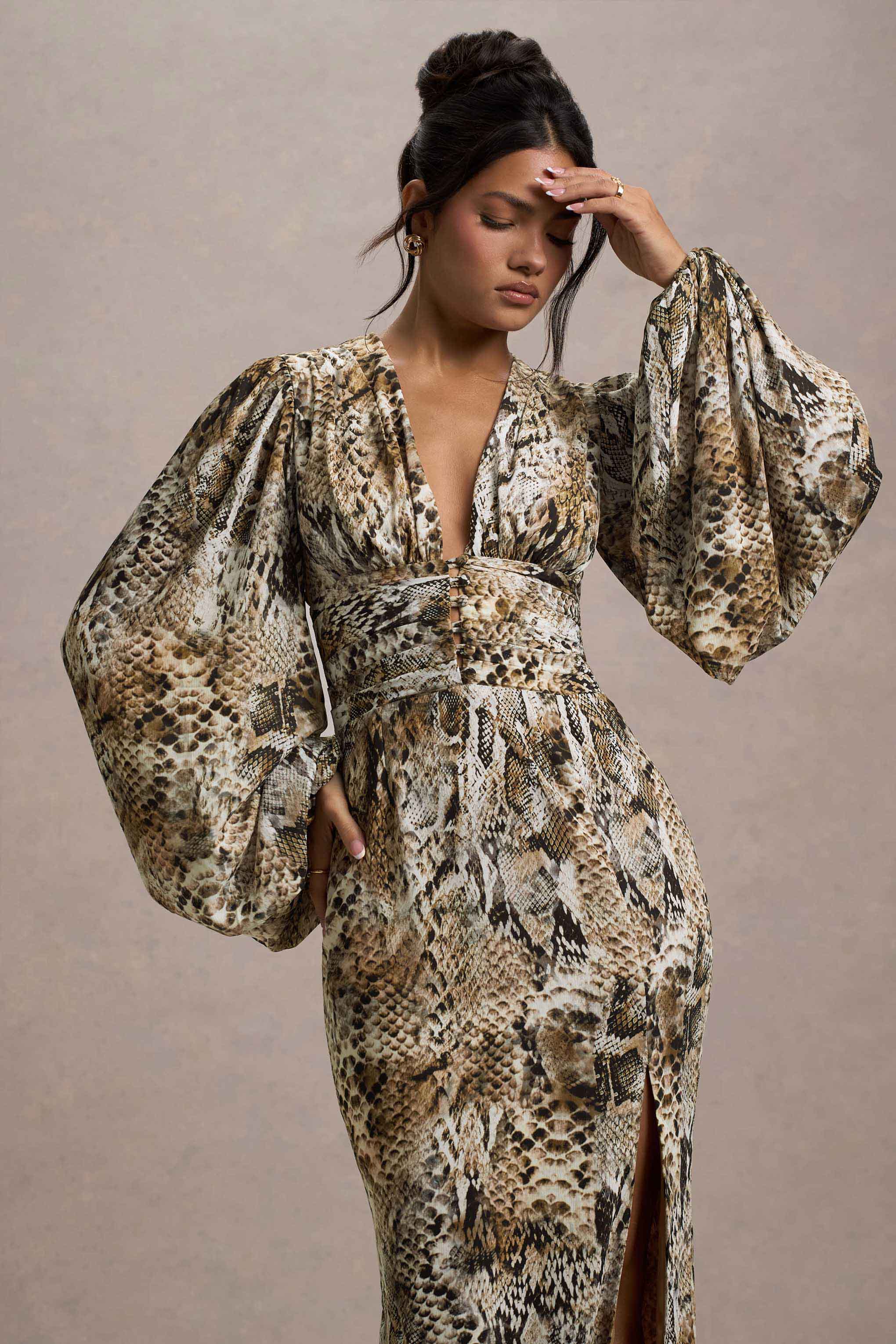 Snake Print V-Neck Balloon Sleeve Maxi Dress