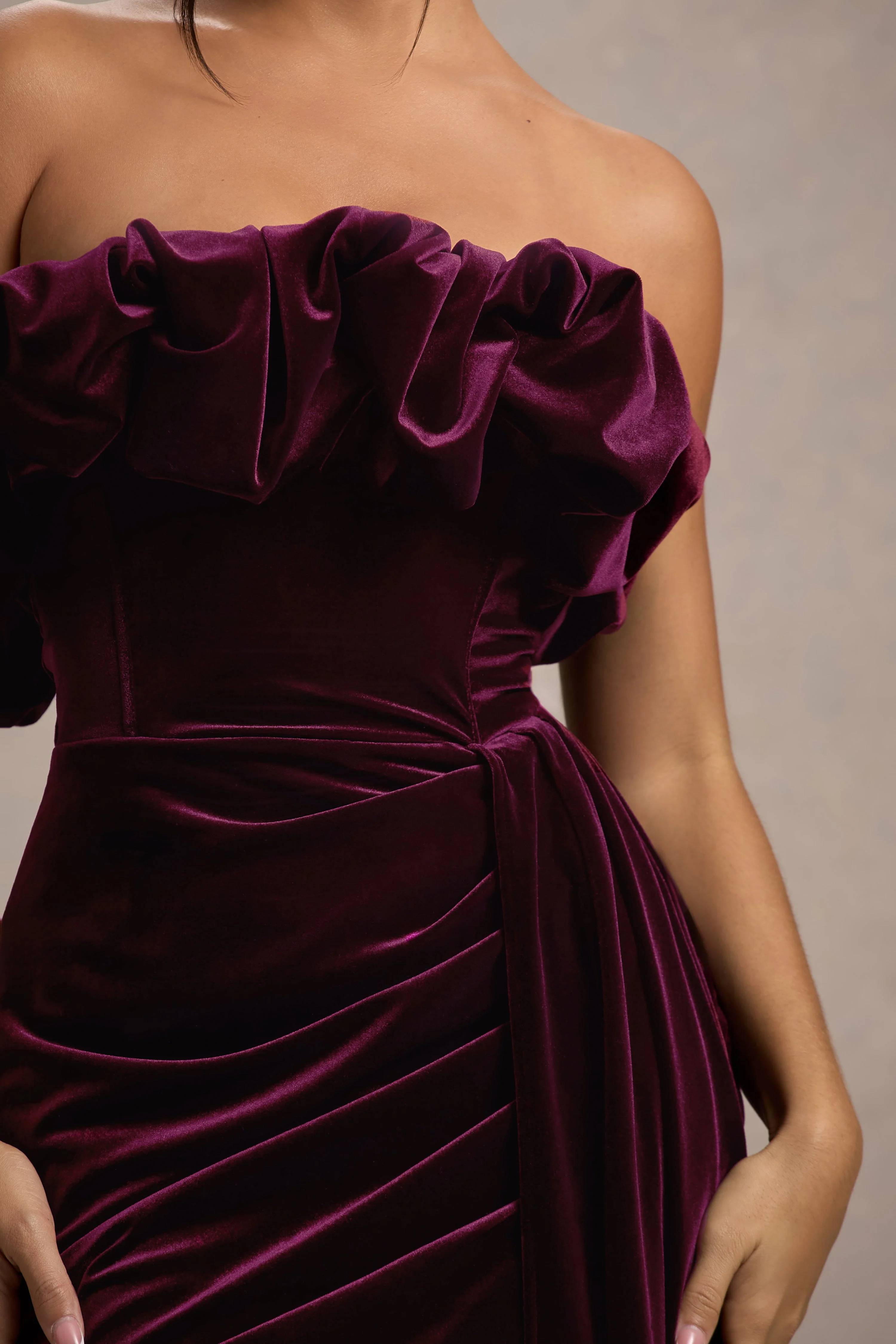 Plum Velvet Bandeau Mini Dress With Drape