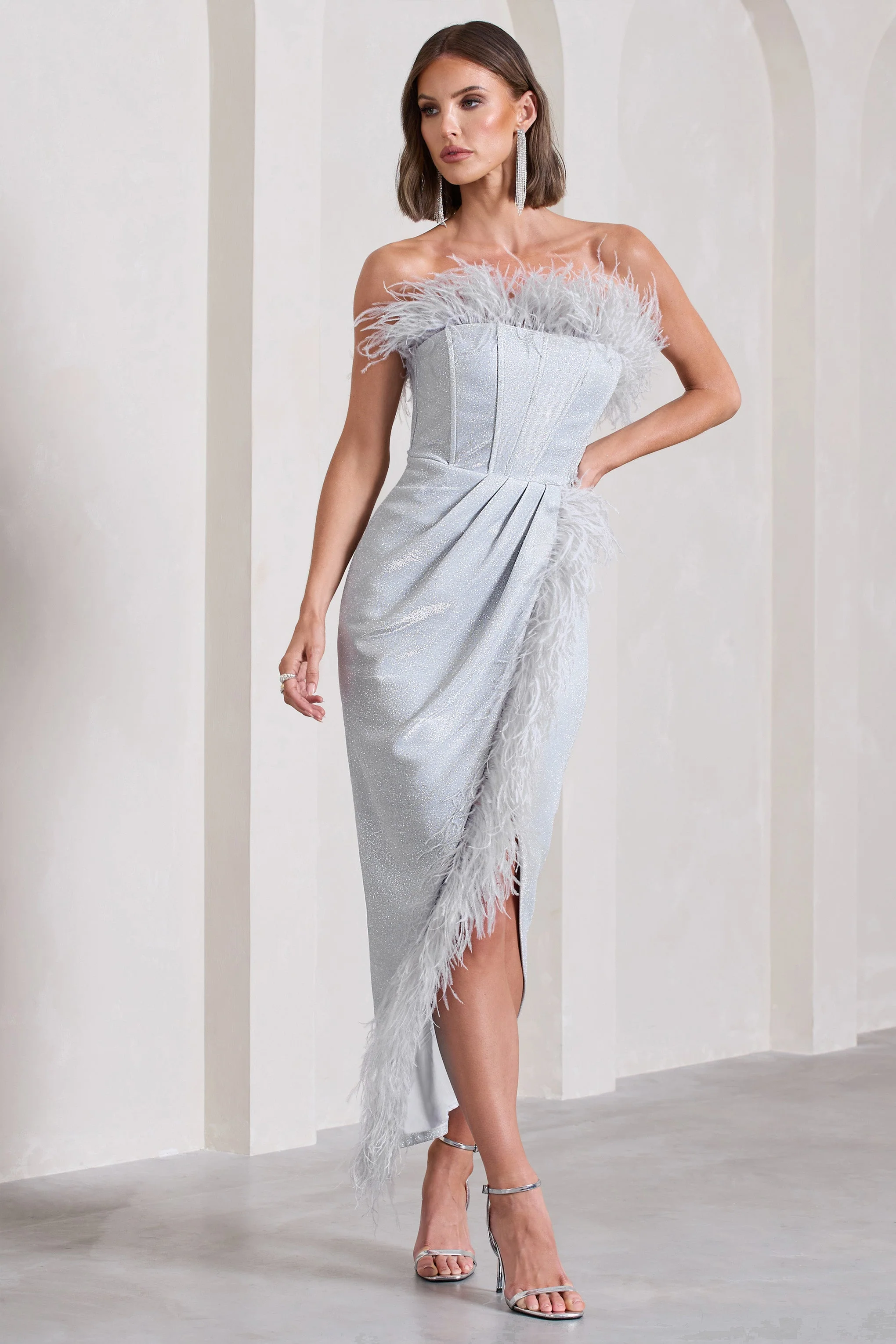 Silver Metallic Bandeau Corset Maxi Dress With Feather Trims