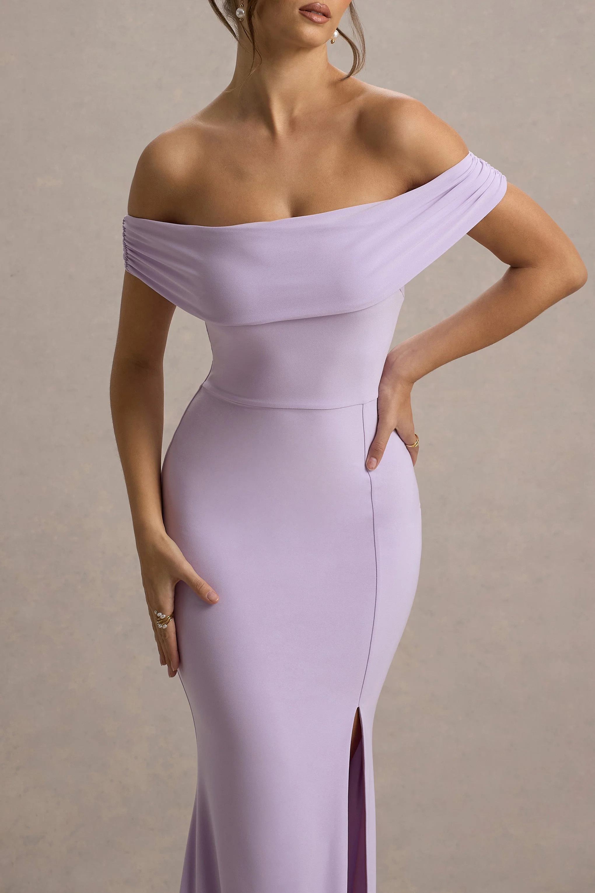Lilac Bardot Draped Split Maxi Dress
