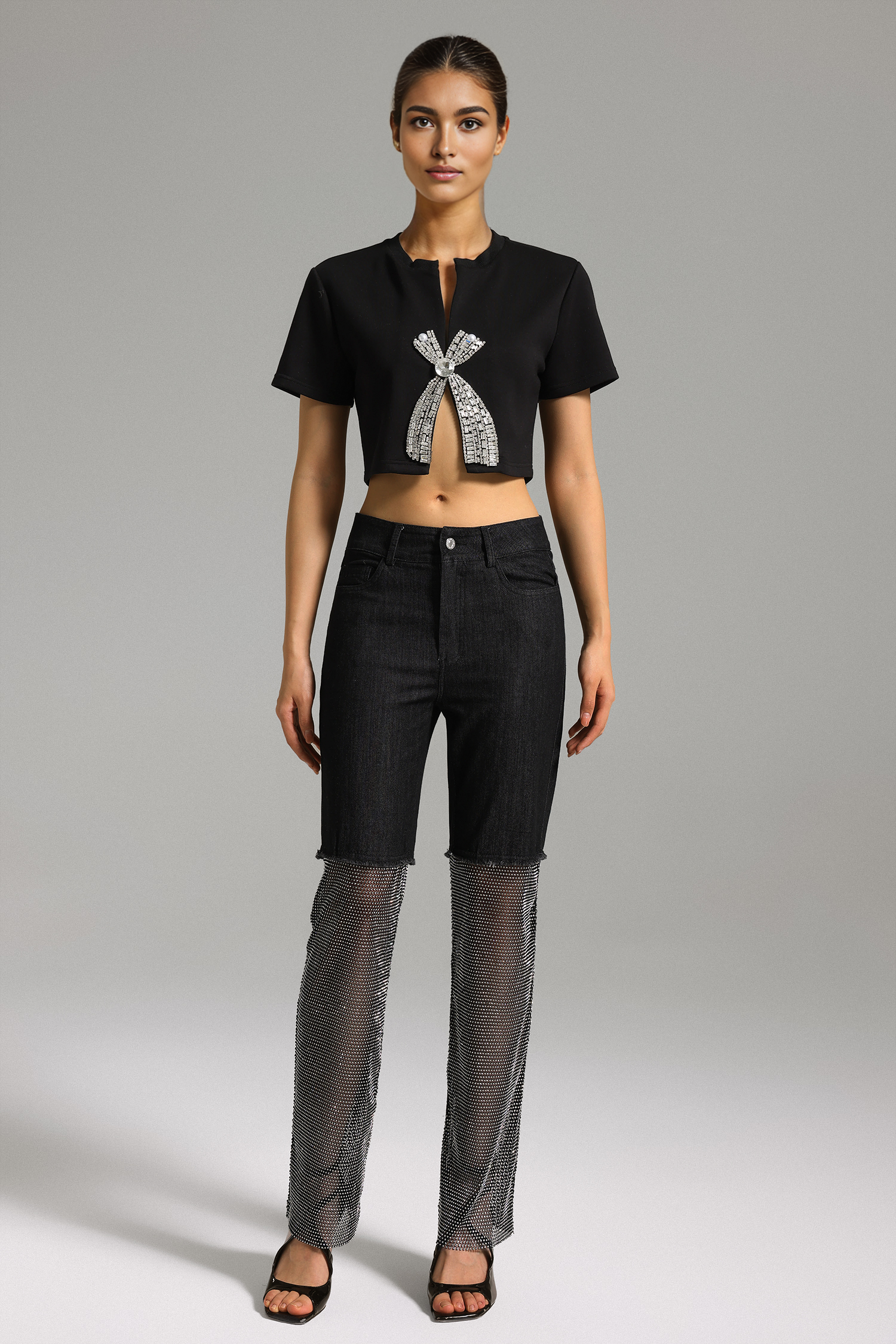 Gunnhild Diamante Net Patchwork Jeans - Black