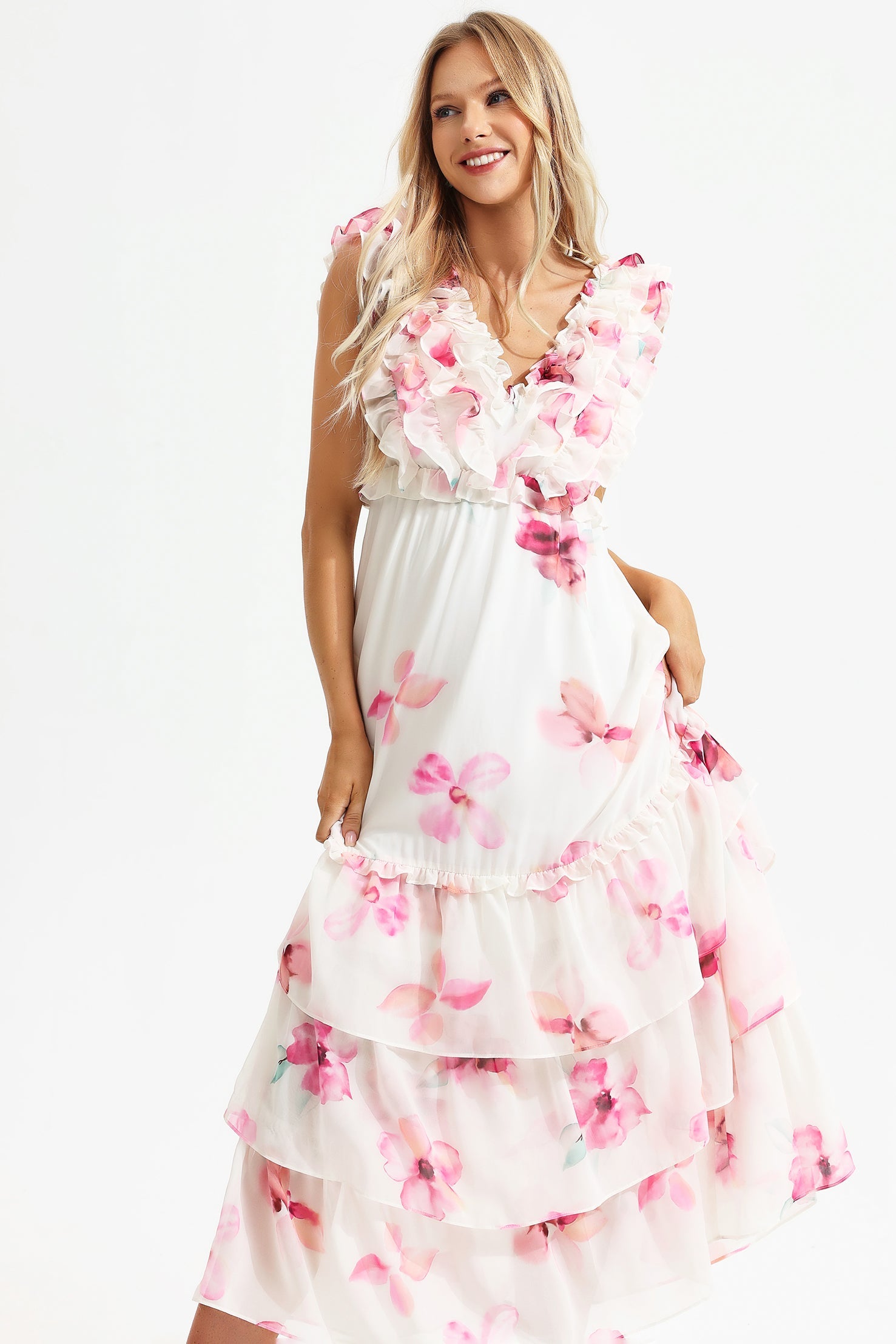 Floral V-Neck Lace Up Backless Tiered Ruffle Hem Maxi Dress