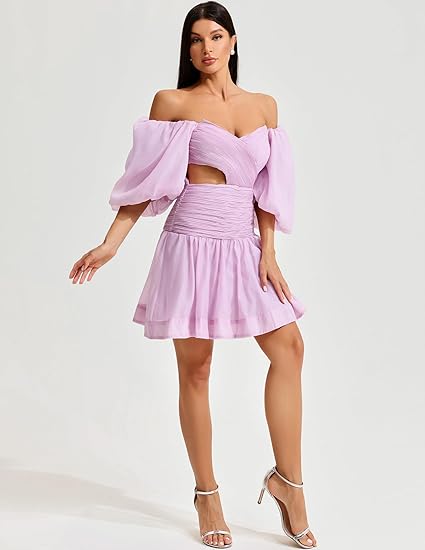 Pink Puff Sleeve Off-Shoulder Mini Dress