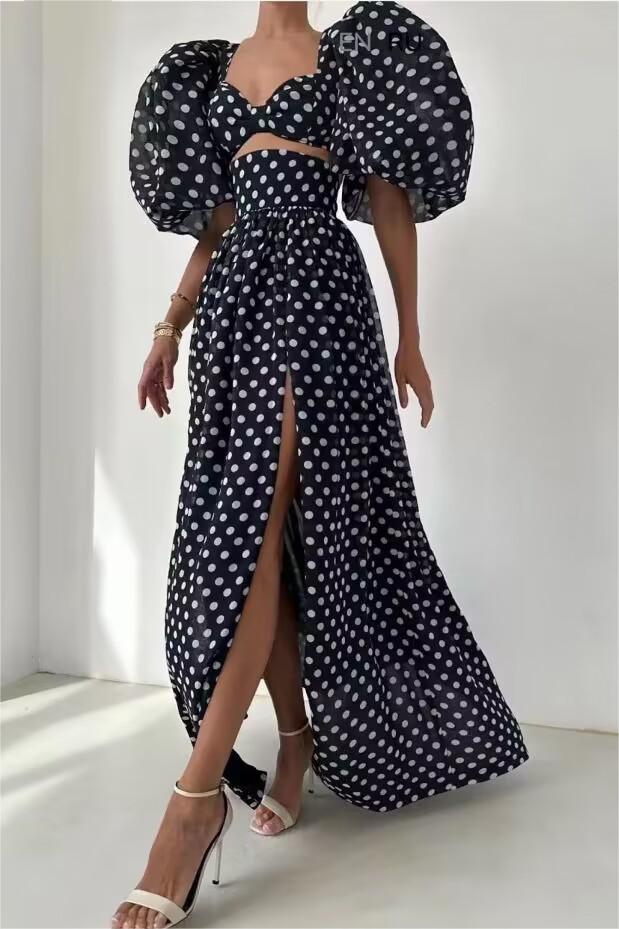 Lantern Sleeves Cut-Out Slit Maxi Dress