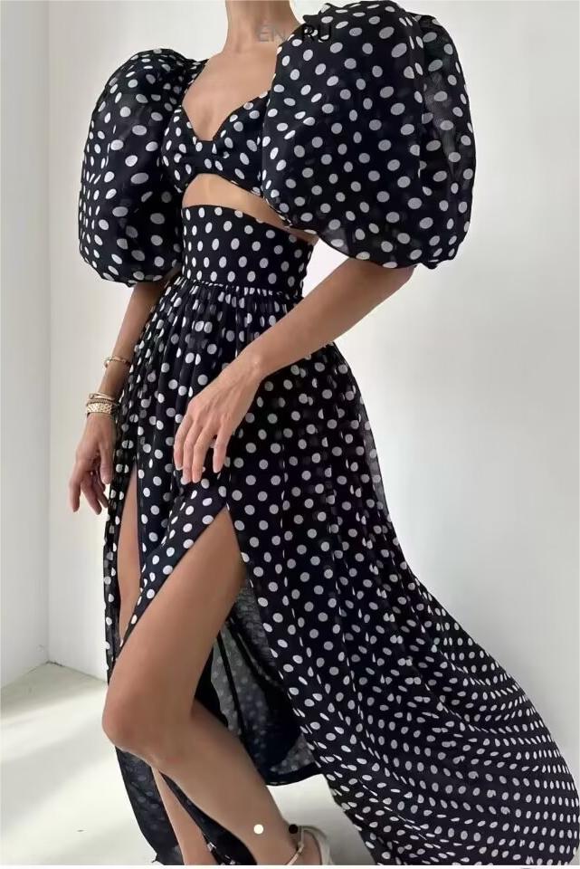 Lantern Sleeves Cut-Out Slit Maxi Dress