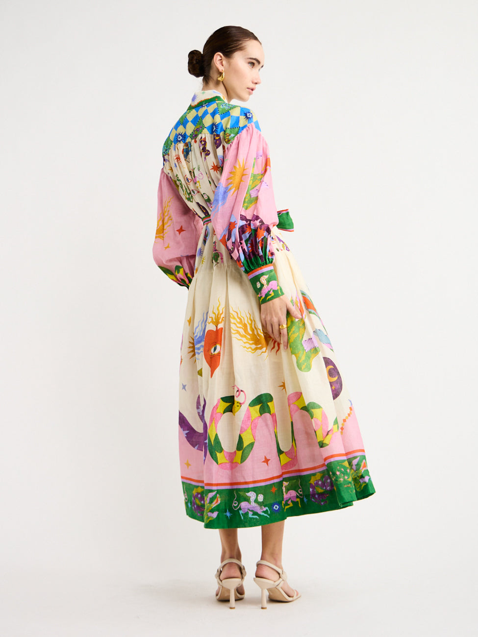 Printed Long Sleeve Lapel Lace Up Midi Dress