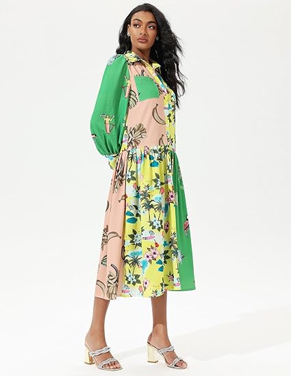 Printed Long Sleeve Lapel Lace Up Midi Dress