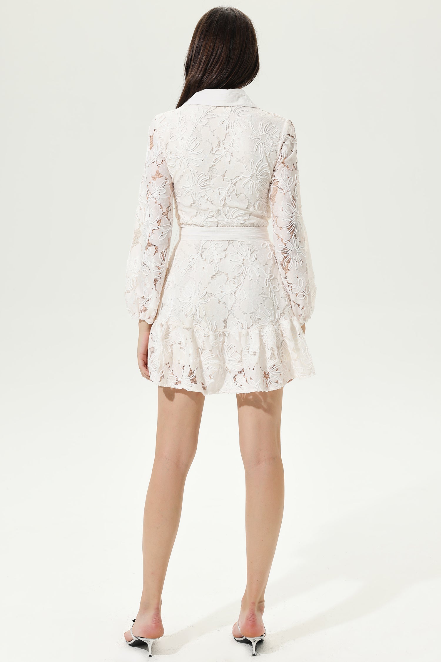 White Long Sleeve Lace Buttoned Mini Dress
