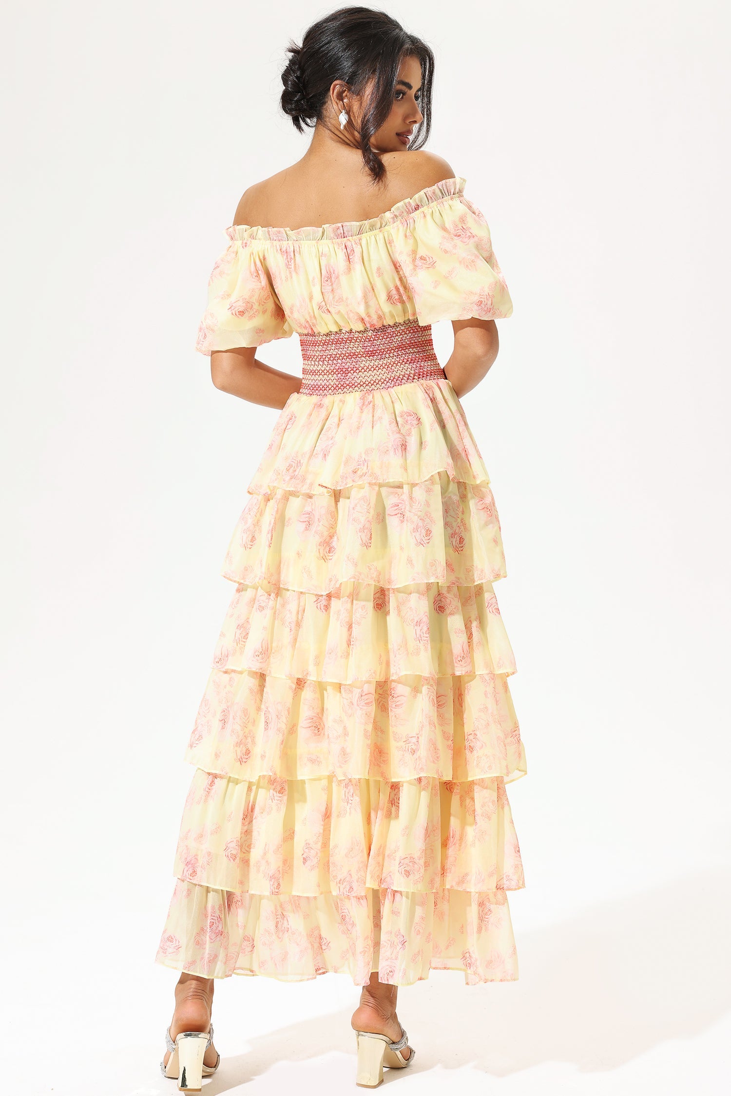 Floral Puff Sleeves Square Collar Ruffle Tapered Waist Lace up Maxi Dress