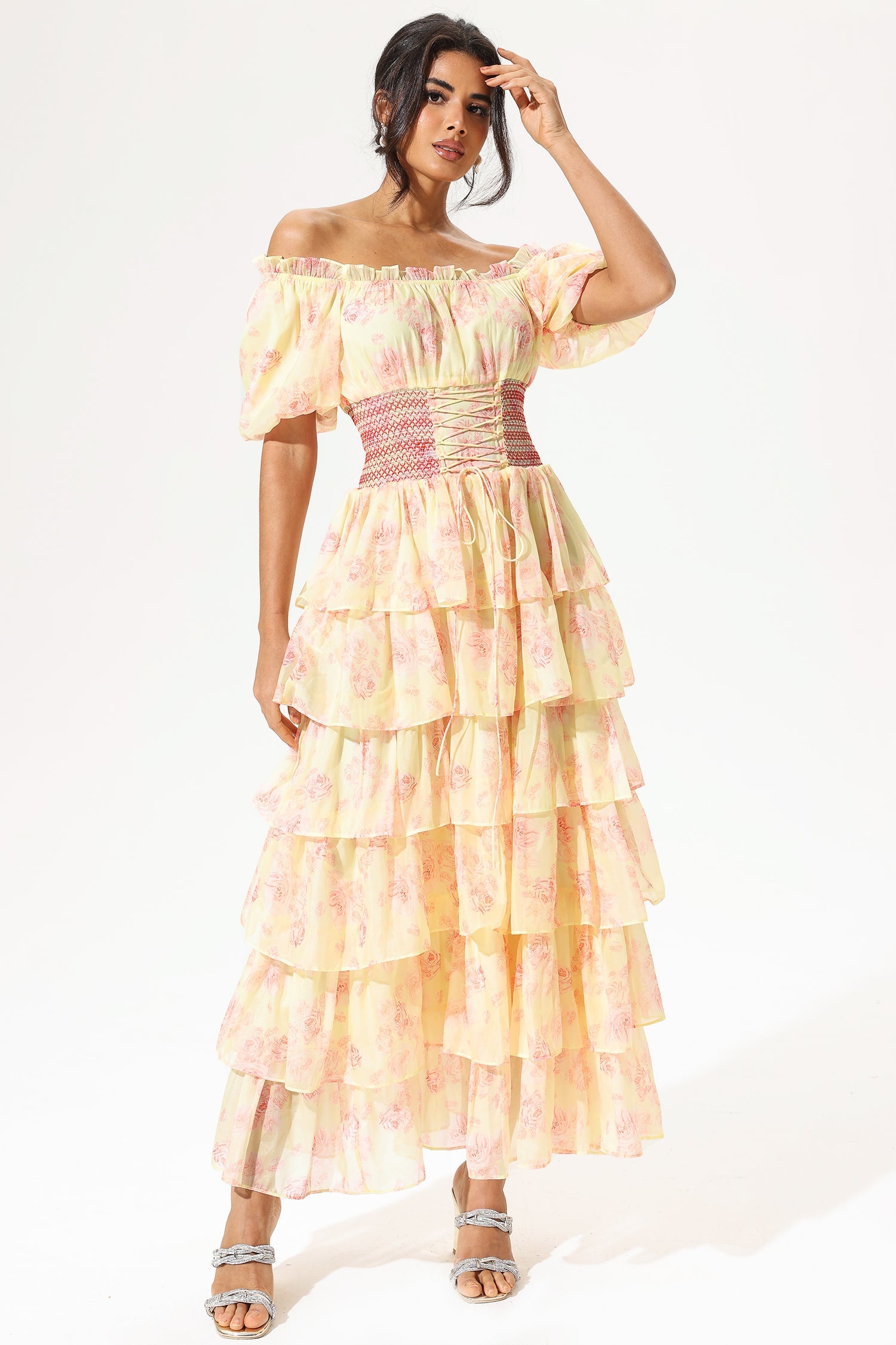 Floral Puff Sleeves Square Collar Ruffle Tapered Waist Lace up Maxi Dress