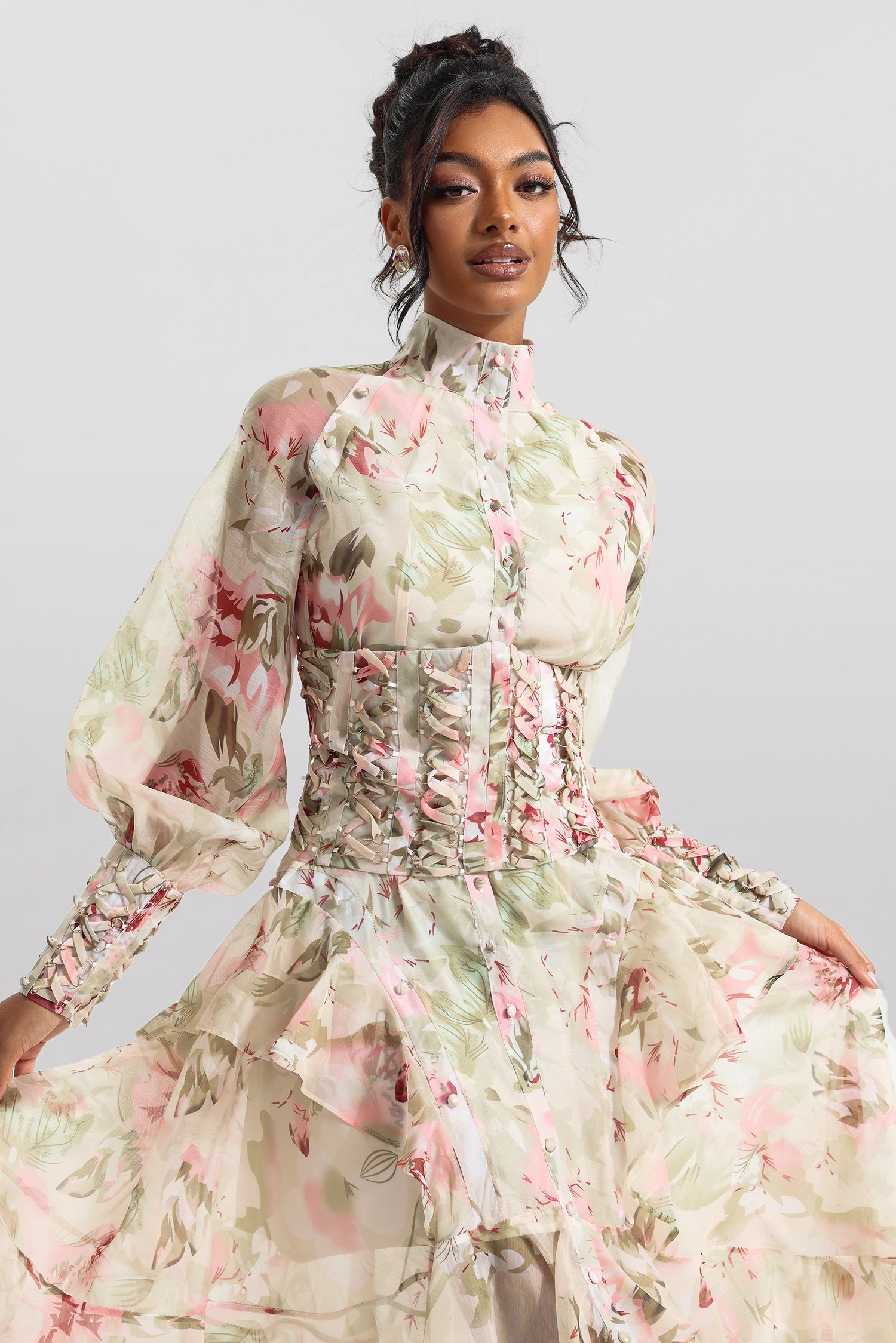 Printed Lantern Sleeve Stand Collar Yarn Mesh Lace-up Waist Midi Dress