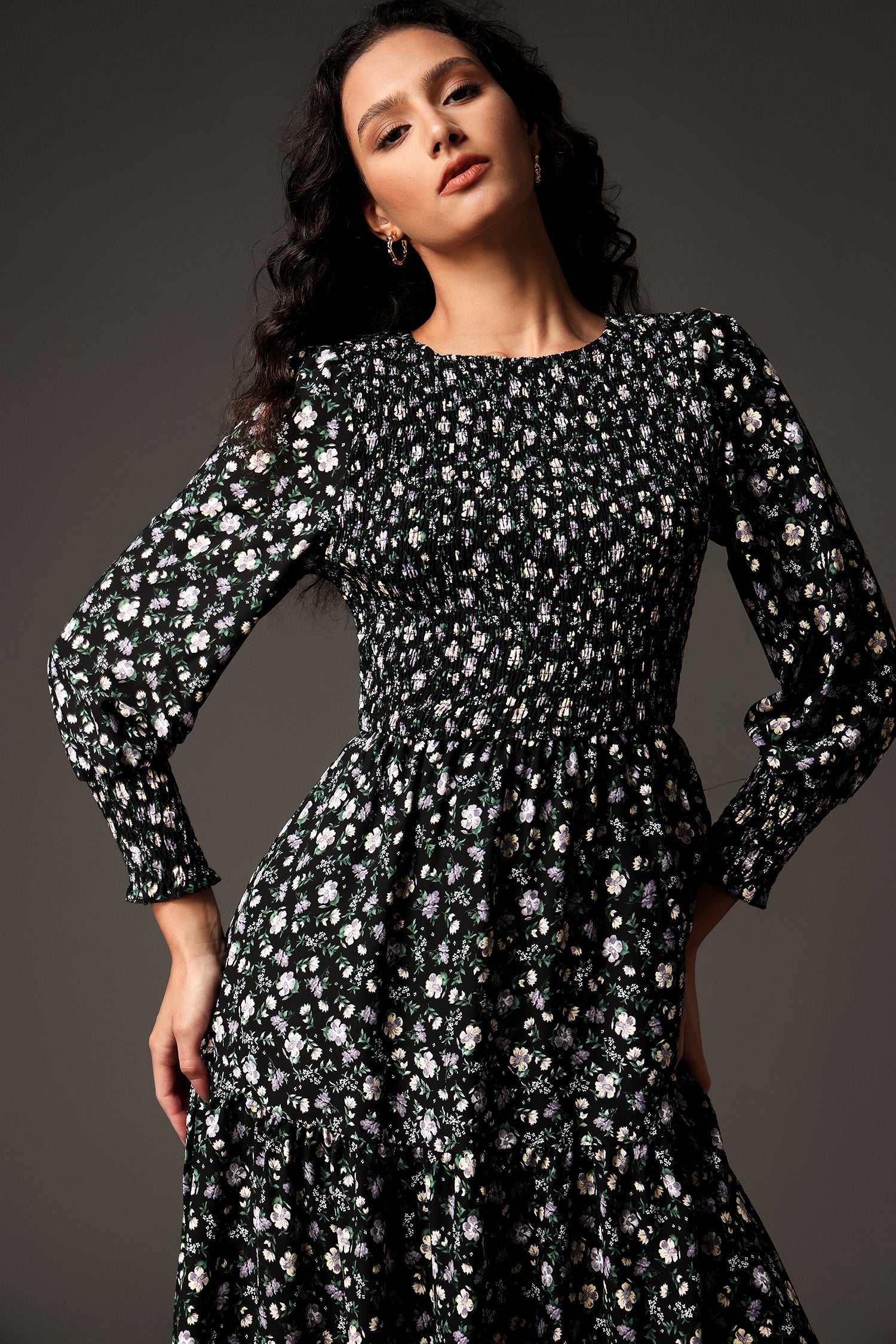 Kandiss Long Sleeves Round Neck Printing Midi Dress