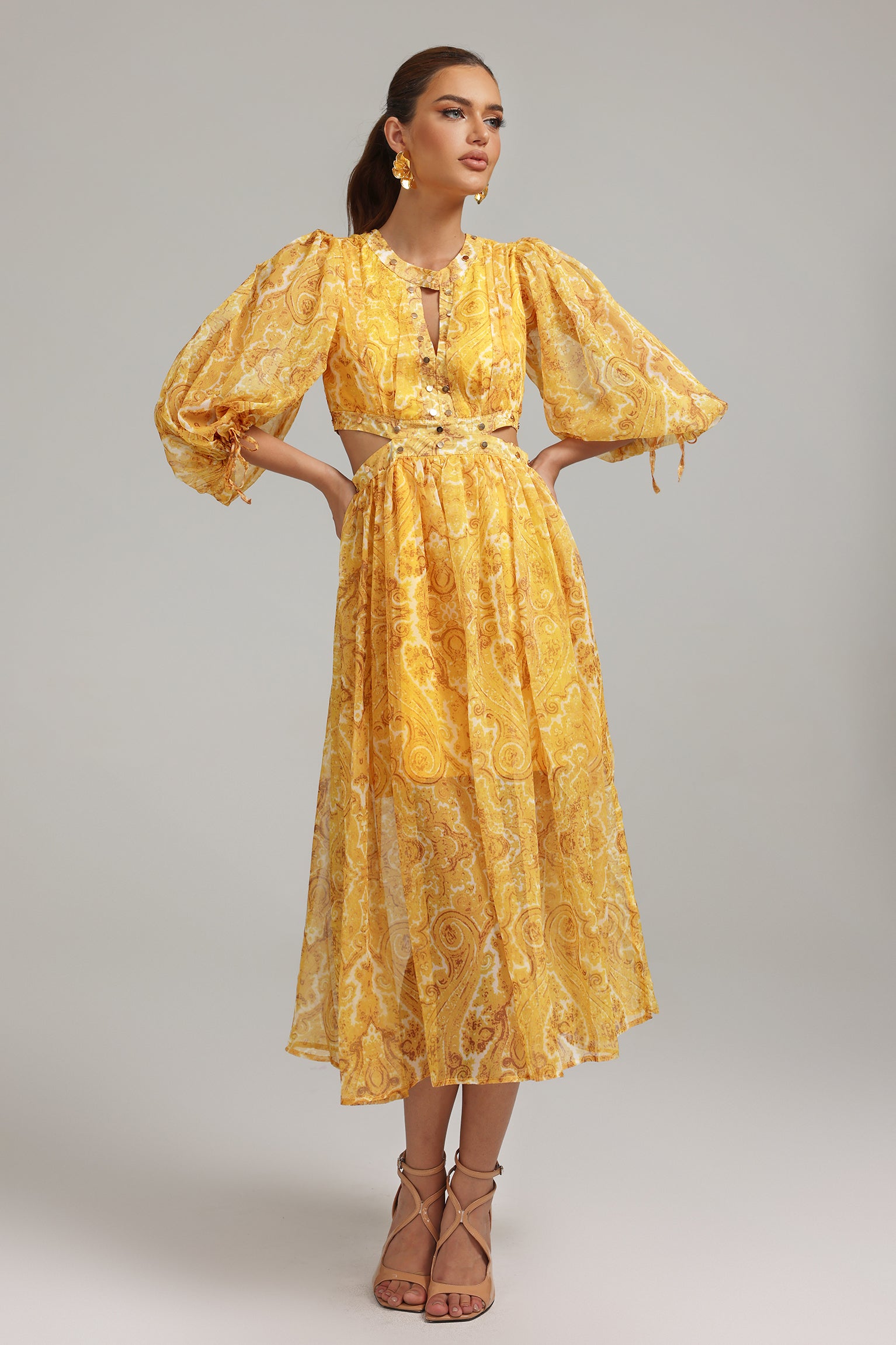 Matalin Cutout Lantern Sleeves Printed Dress