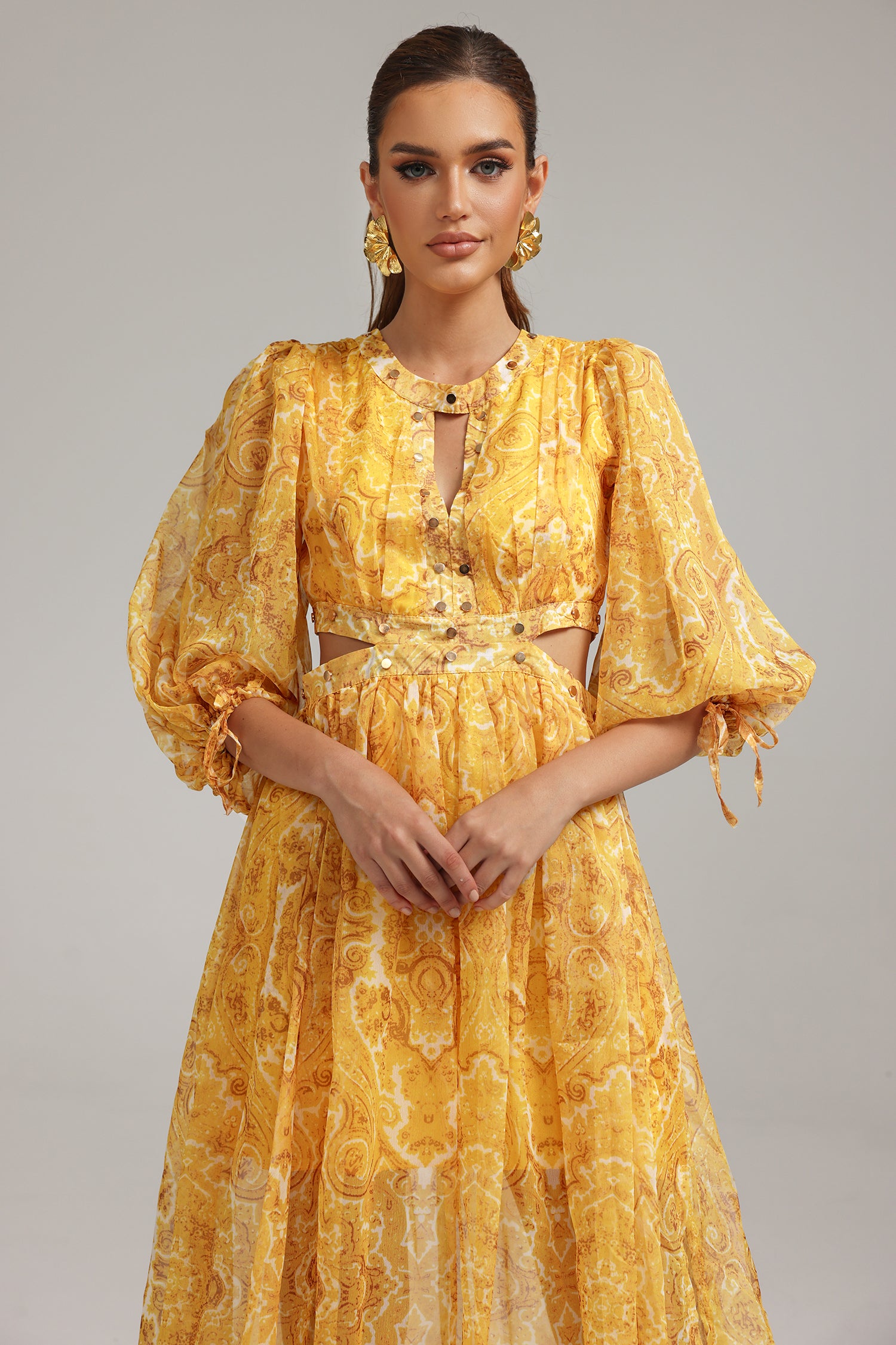 Matalin Cutout Lantern Sleeves Printed Dress