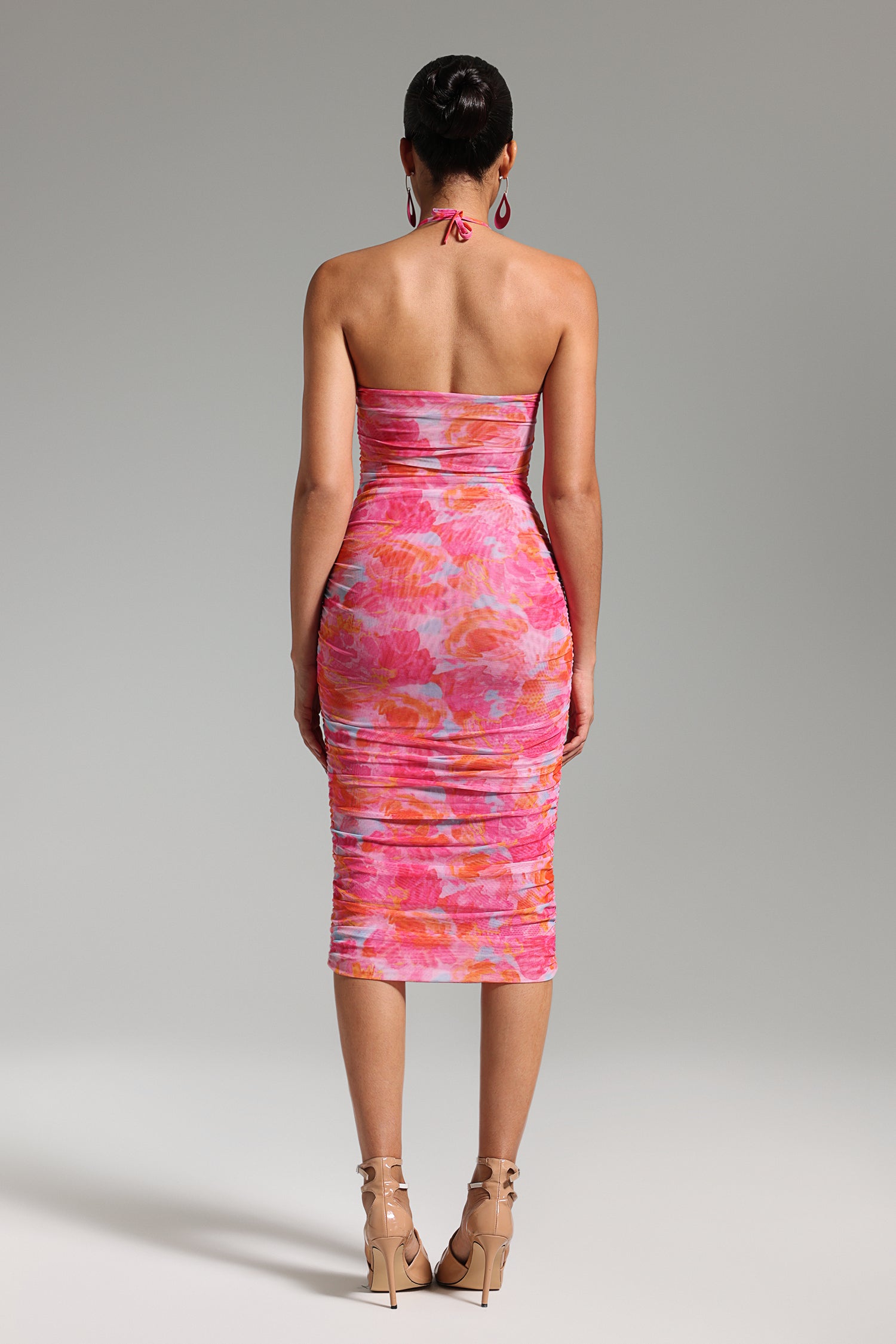 Sabrina Halterneck Floral Ruched Midi Dress