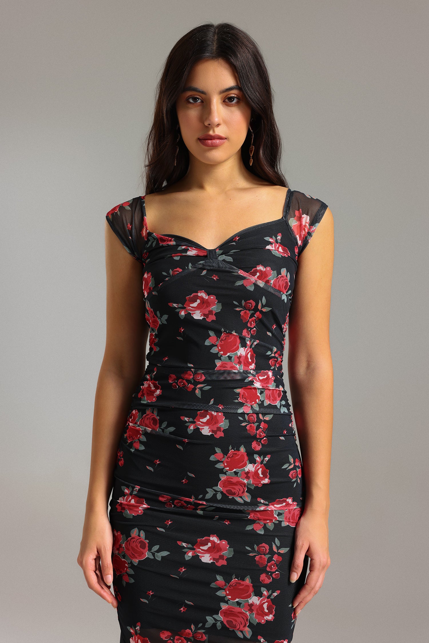 Soren Ruched Print Mesh Dress