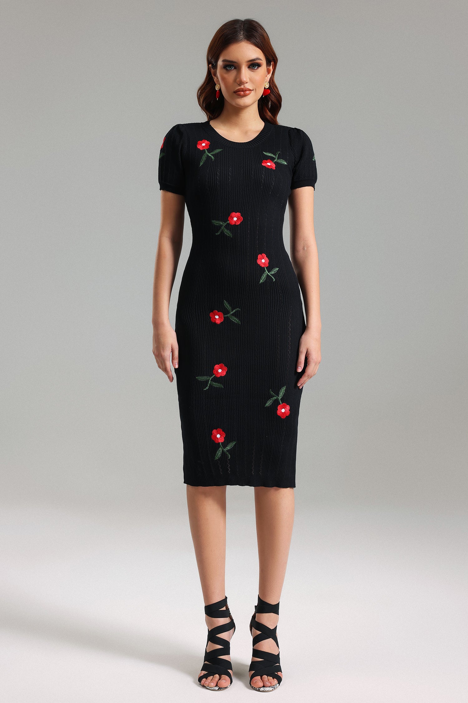 Wanda Puff-Sleeves Knitted Midi Dress