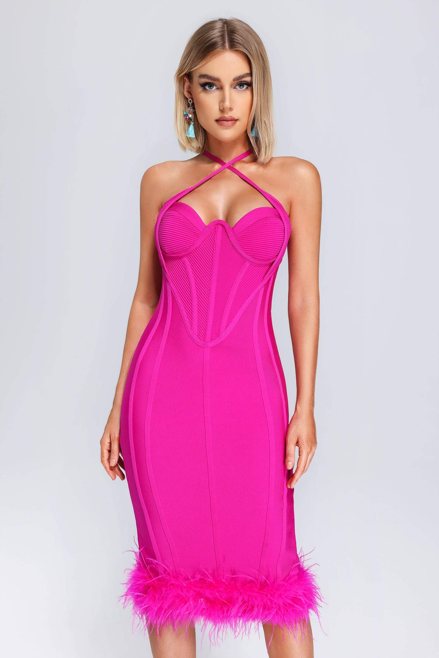 Lilith Crossneck Feather Bandage Midi Dress