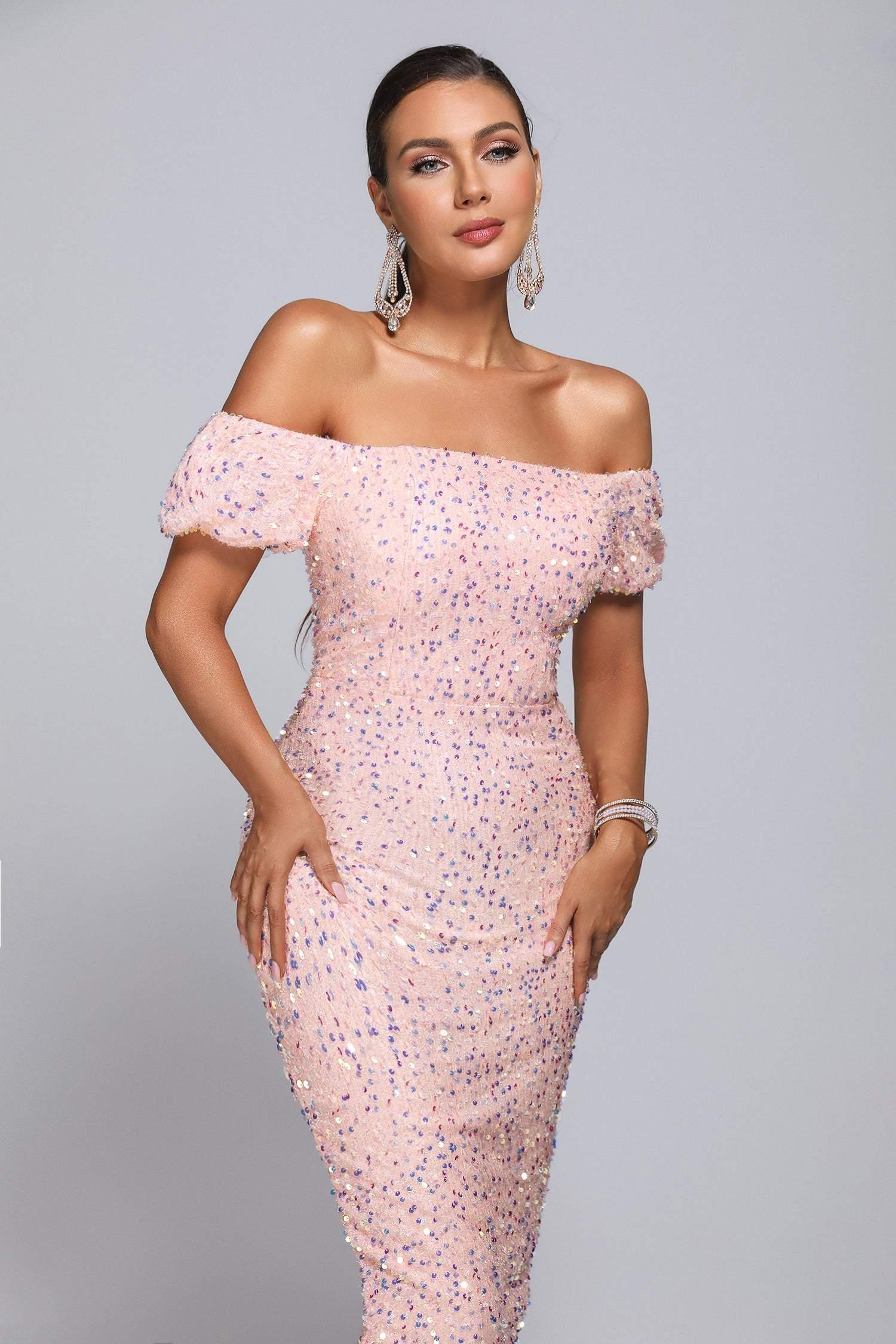 Beatrice Off Shoulder Sequin Midi Dress - Bellabarnett