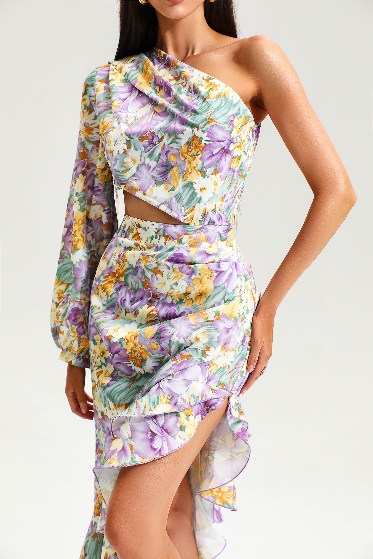 Floral Slanted Shoulder Long Sleeve Ruffle Irregular Maxi Dress - Purple
