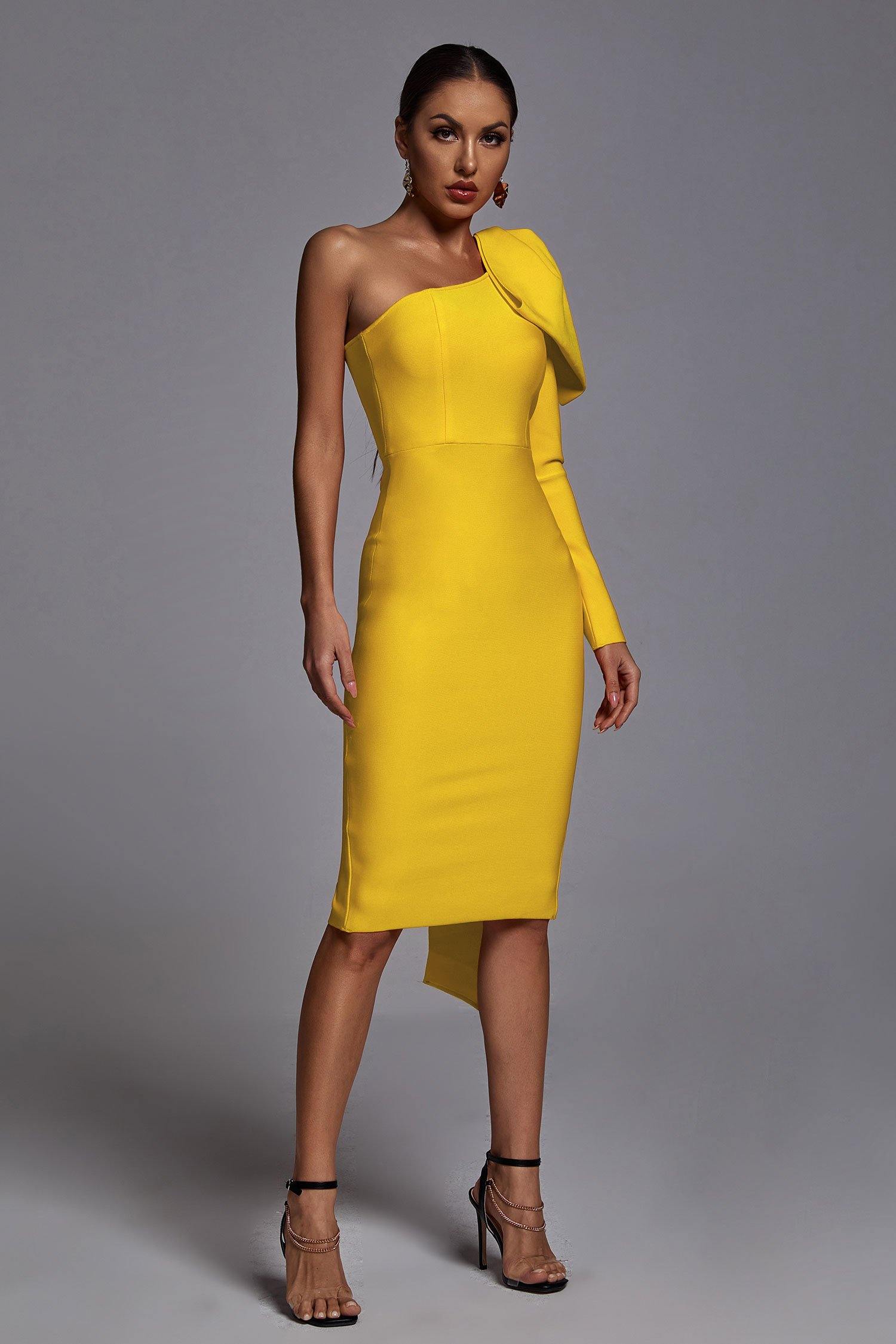 Abbey Yellow One Shoulder Bandage Dress - Bellabarnett