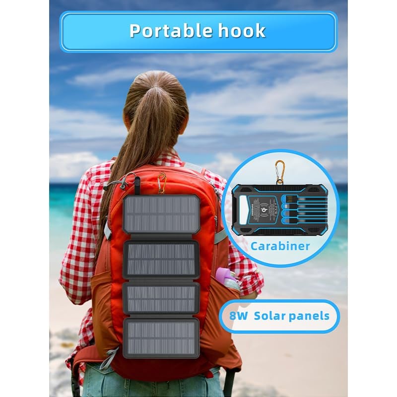 20000mAh Solar Power Bank with Foldable Panels, Wireless Charging & LED Flashlight