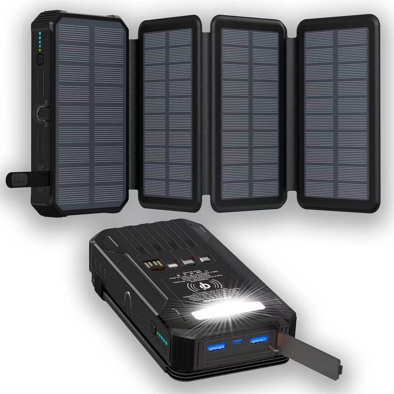 20000mAh Solar Power Bank with Foldable Panels, Wireless Charging & LED Flashlight