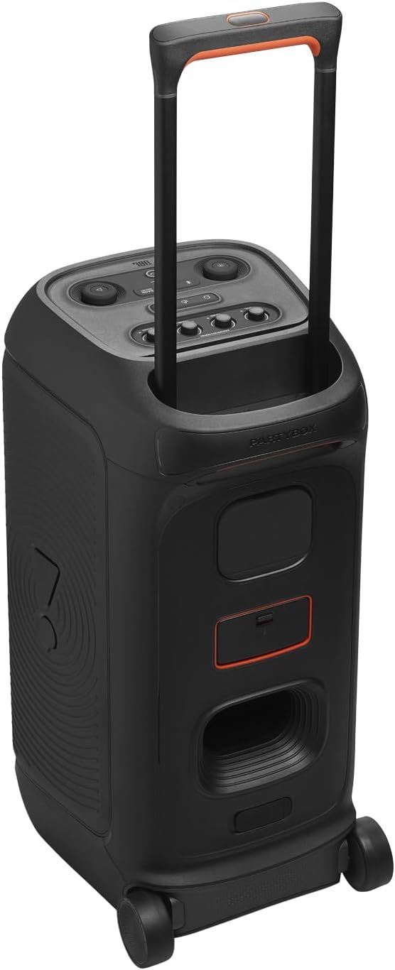 PartyBox Stage 320 - Portable Party Speaker with Telescopic Handle & Wide, Sturdy Wheels, Powerful Pro Sound, Futuristic lightshow, Up to 18 Hours of Play time, Splash Proof (White)