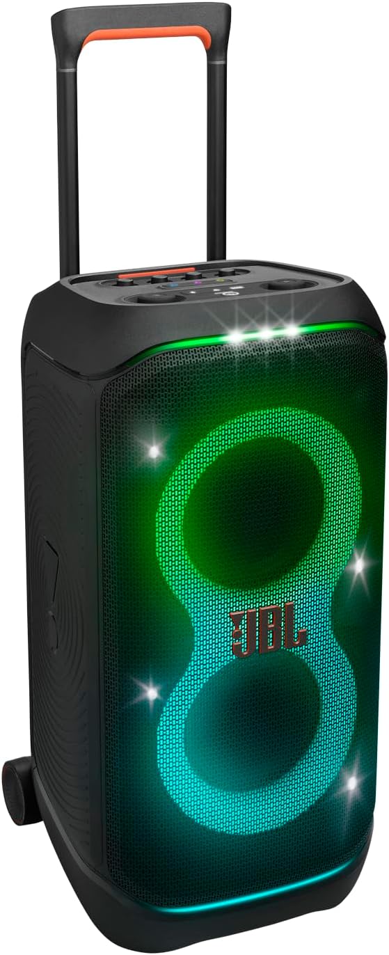 PartyBox Stage 320 - Portable Party Speaker with Telescopic Handle & Wide, Sturdy Wheels, Powerful Pro Sound, Futuristic lightshow, Up to 18 Hours of Play time, Splash Proof (White)