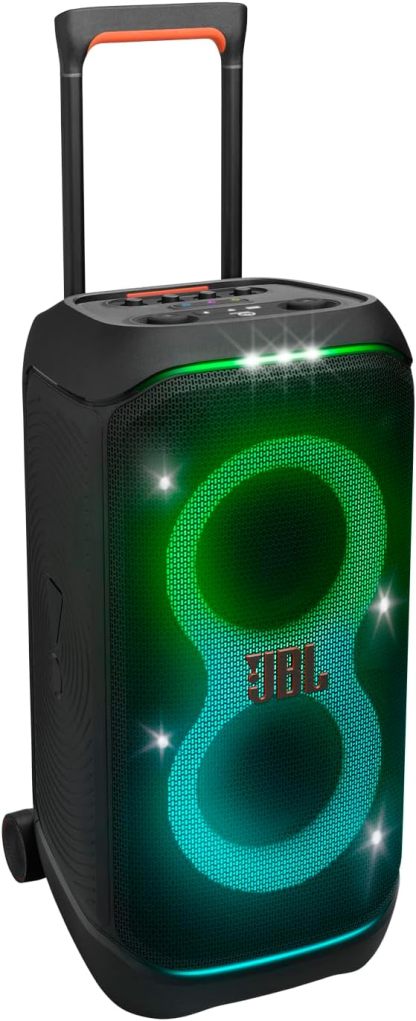 PartyBox Stage 320 - Portable Party Speaker with Telescopic Handle & Wide, Sturdy Wheels, Powerful Pro Sound, Futuristic lightshow, Up to 18 Hours of Play time, Splash Proof (White)