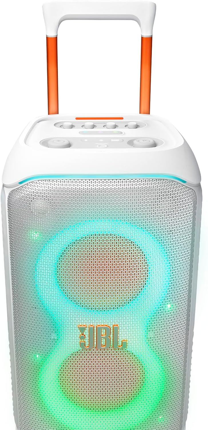 PartyBox Stage 320 - Portable Party Speaker with Telescopic Handle & Wide, Sturdy Wheels, Powerful Pro Sound, Futuristic lightshow, Up to 18 Hours of Play time, Splash Proof (White)