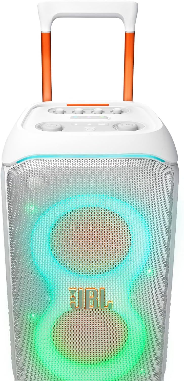 PartyBox Stage 320 - Portable Party Speaker with Telescopic Handle & Wide, Sturdy Wheels, Powerful Pro Sound, Futuristic lightshow, Up to 18 Hours of Play time, Splash Proof (White)