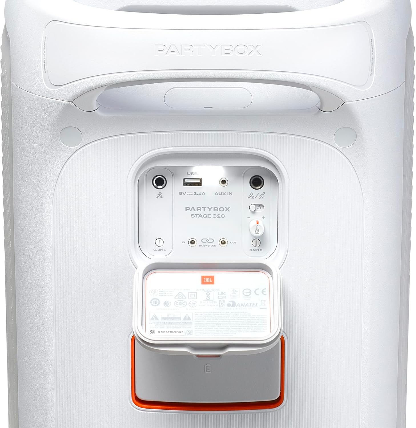 PartyBox Stage 320 - Portable Party Speaker with Telescopic Handle & Wide, Sturdy Wheels, Powerful Pro Sound, Futuristic lightshow, Up to 18 Hours of Play time, Splash Proof (White)