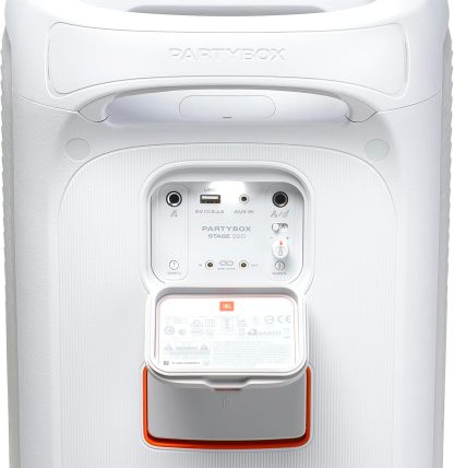 PartyBox Stage 320 - Portable Party Speaker with Telescopic Handle & Wide, Sturdy Wheels, Powerful Pro Sound, Futuristic lightshow, Up to 18 Hours of Play time, Splash Proof (White)